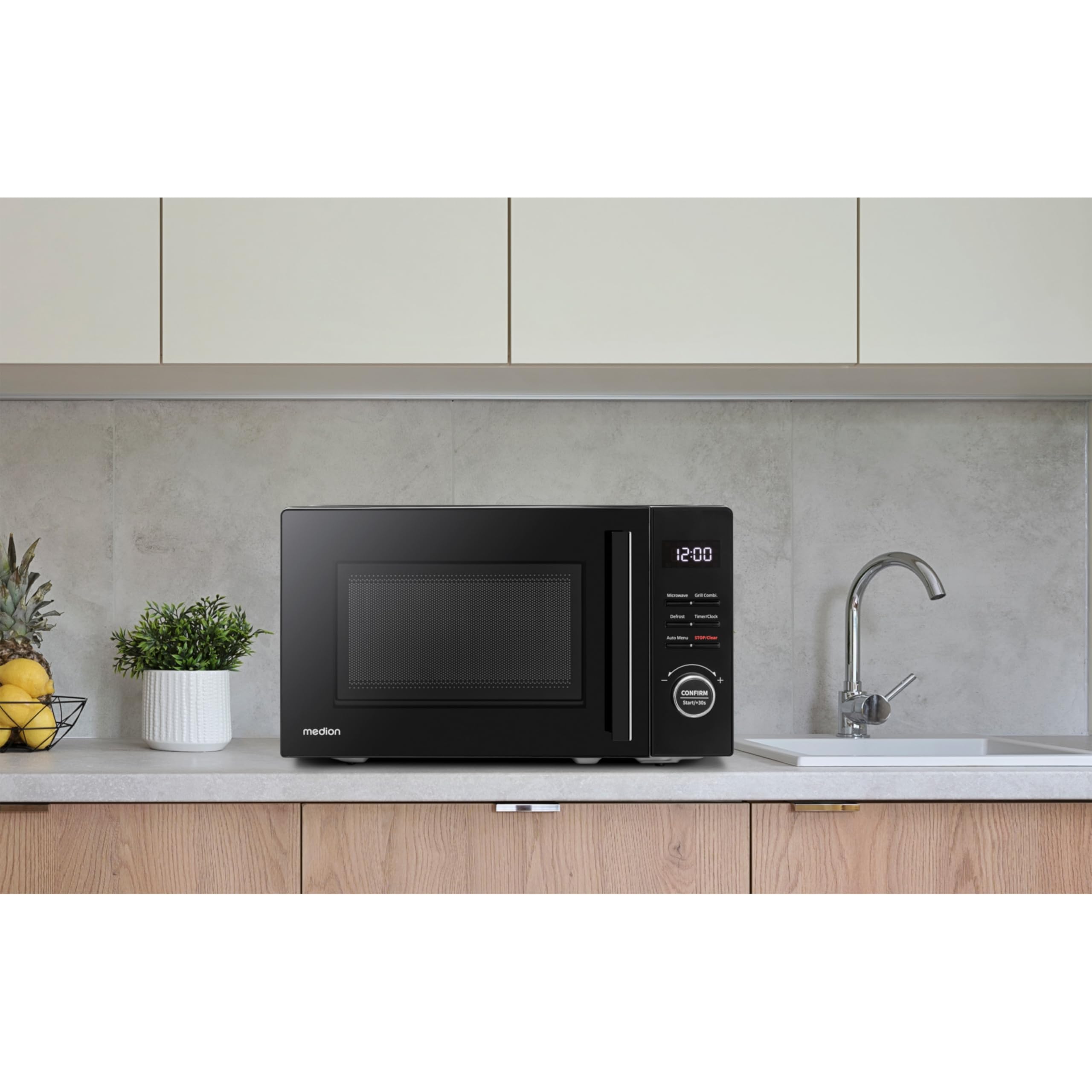 MEDION Mikrowelle klein mit Grill (20 Liter, 800 Watt, 1000 Watt Grill, 8 Automatik-Programme inkl. Auftaufunktion, 5 Leistungsstufen, 95 Minuten Timer, Drehteller, MD12021) schwarz
