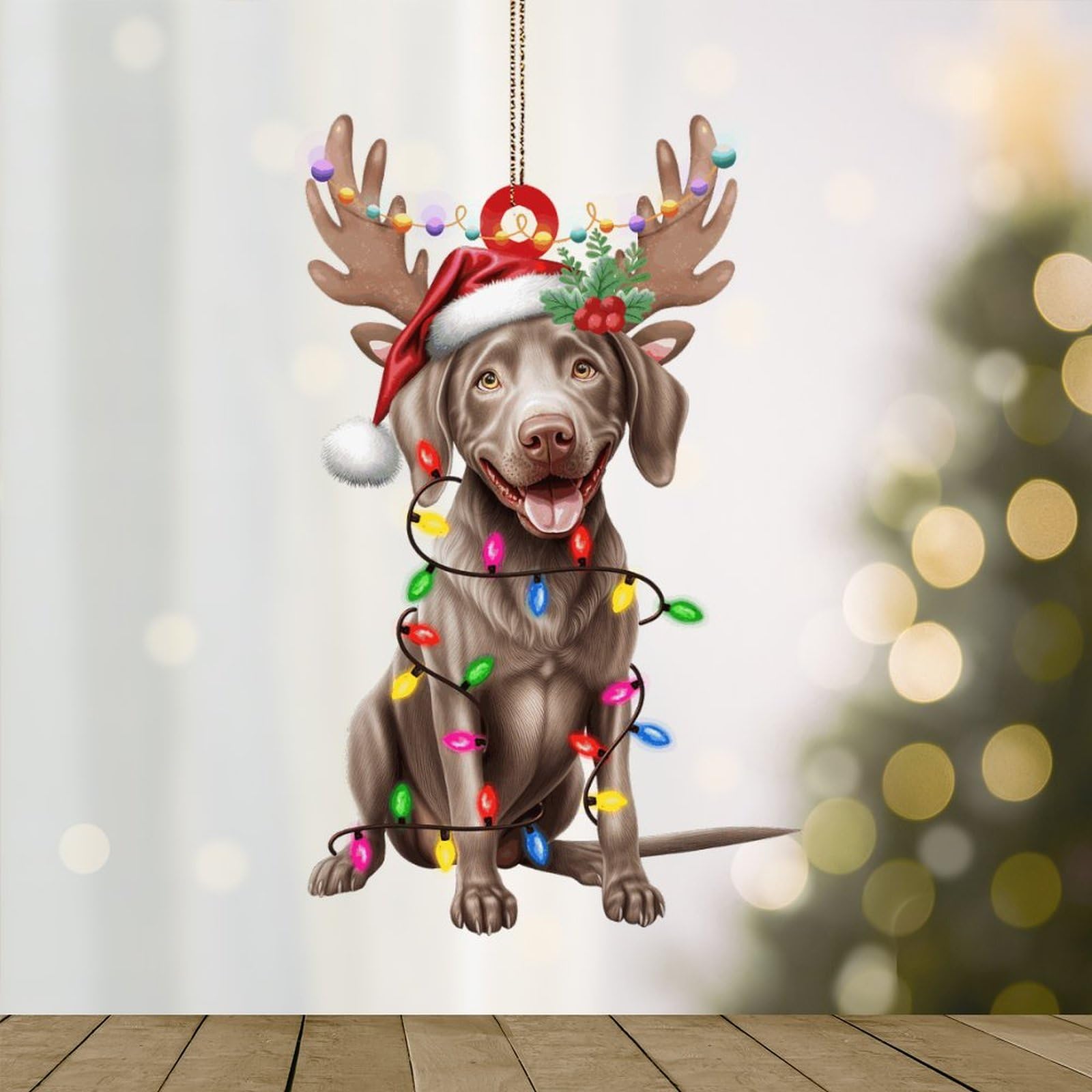 WoGuangis Weimaraner Acrylic Dog Lanterns Christmas Ornaments with Antlers - Gift for Dog Mom or Housewarming