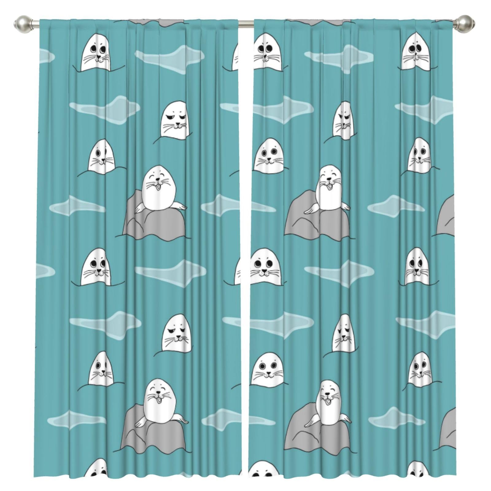 InOmak Sea Animal Of Seal Pattern, 2 Panels Window Curtains 52 x 84 Inch Blackout Curtains for Living Room Bedroom