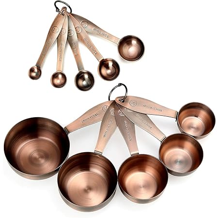 Copper Measuring Cups and Spoons Set, Stainless Steel 10 Piece Set, Stackable 5 Measuring Cups and 5 Measuring Spoons with 2 Rings, Antique Copper Plated