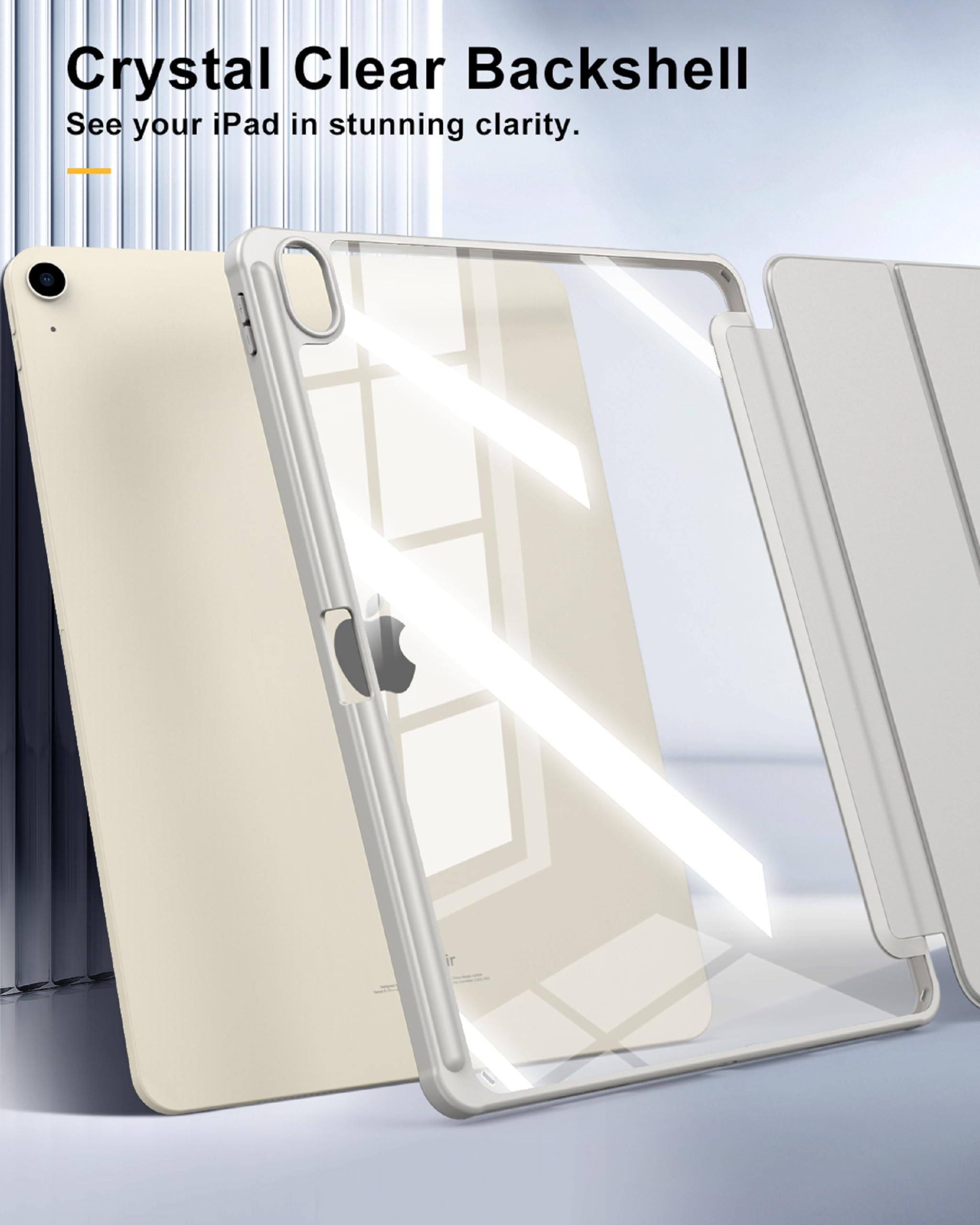 TiMOVO Etui do iPad Air 13 cali M4/M3/M2 z uchwytem na rysik, Light Gray | Smukłe etui ochronne ze składaną podstawką, przezroczysty tył i automatyczne usypianie/wybudzanie