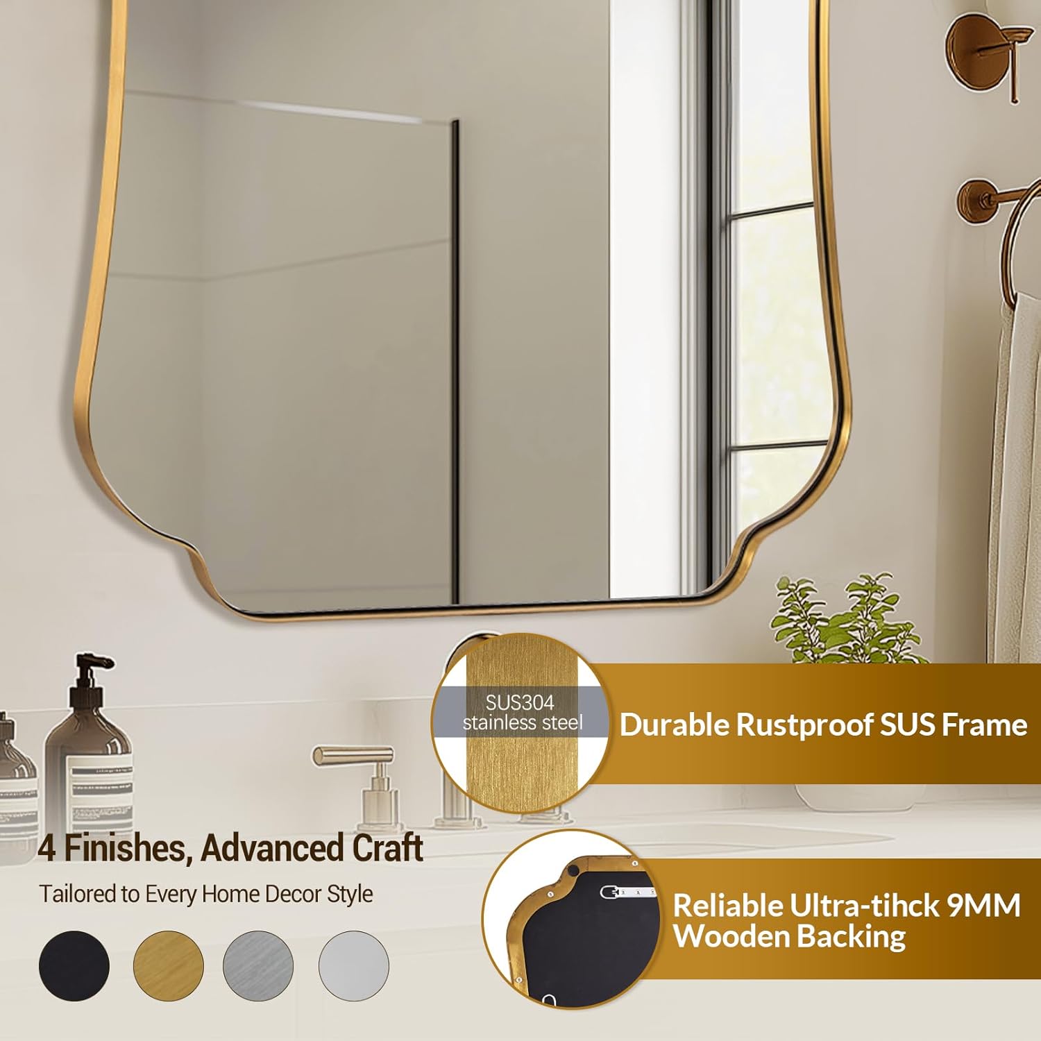 ANDY STAR 24x36 Gold Mirror, Brushed Brass Scalloped Wall Mirror, Bathroom Wall Mirror with Stainless Steel Metal Framed Ideal for Bedroom, Hallway