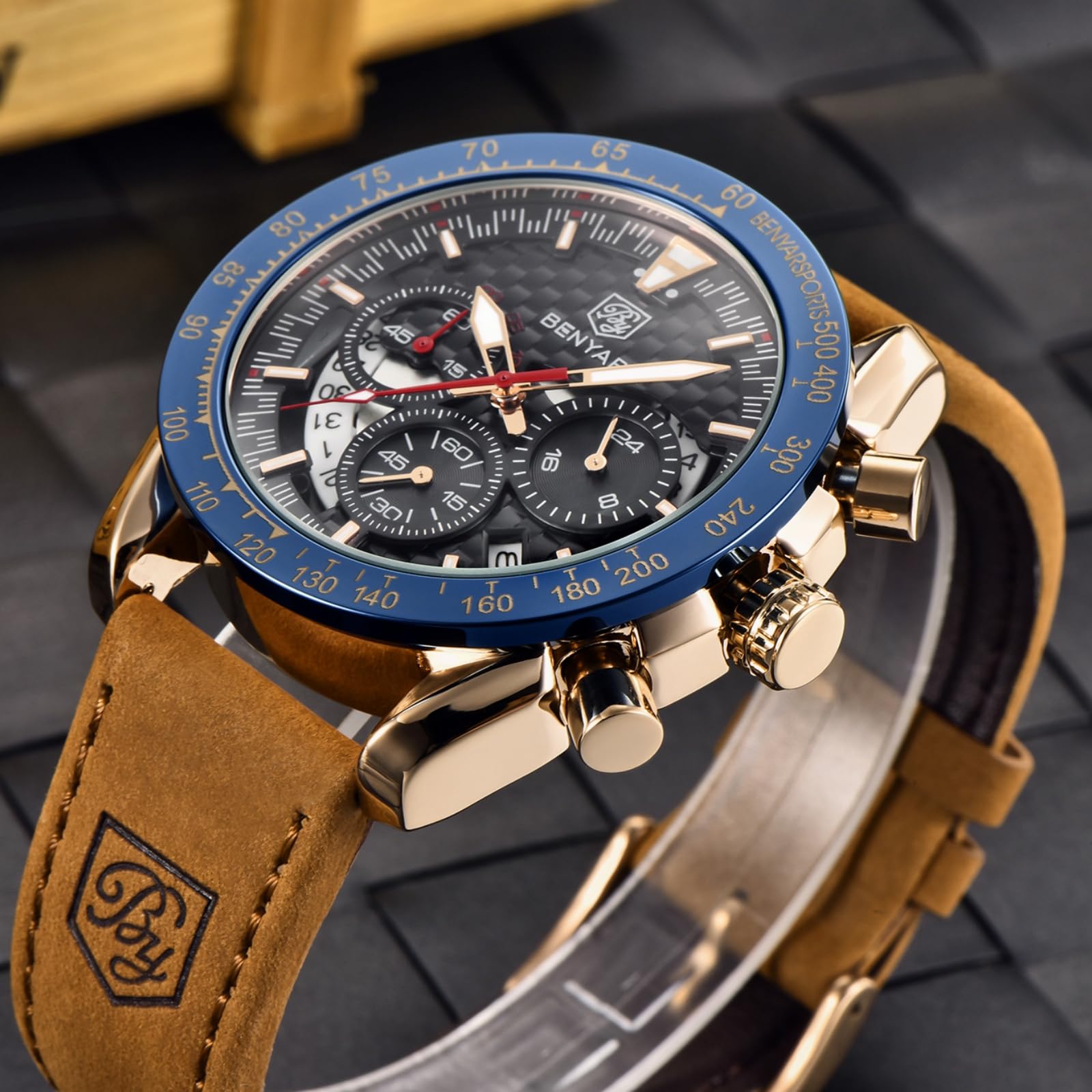 BENYAR BY Herren-Armbanduhr, wasserdicht, Chronograph, beleuchtet, klassisch, Lederarmband, großes Zifferblatt, Datum, Analog, Herren, Elegantes Geschenk
