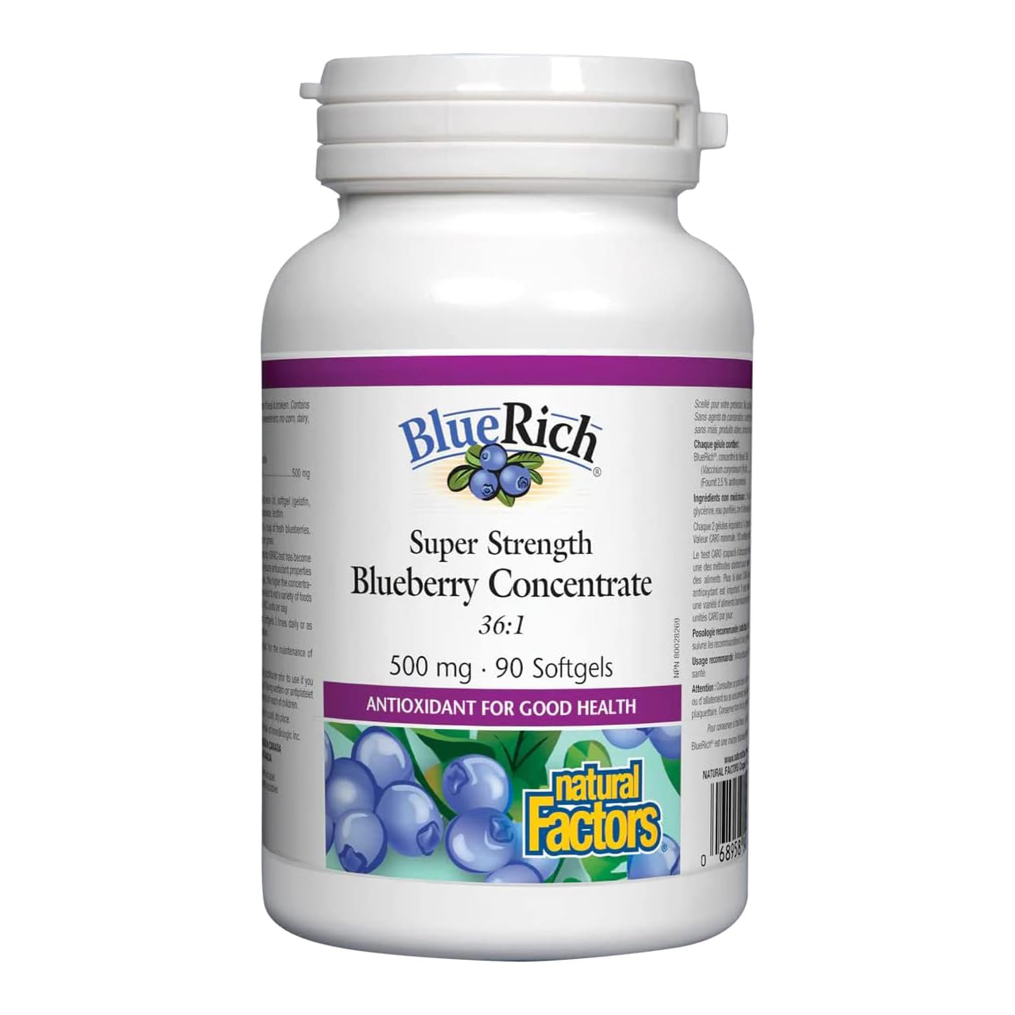 Natural Factors, Super Strength Blueberry Concentrate (Extrait de Myrtille), 500mg, Hautement Dosé, 90 Capsules molles, Sans Soja, Sans Gluten, Sans OGM