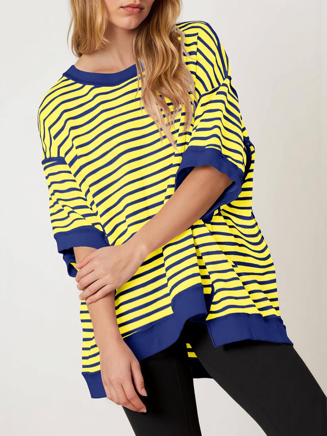 Tankaneo Womens Oversized T Shirts Striped Color Block Cotton Tops Summer Casual Half Sleeve Loose Fit Crewneck Sweatshirts - Image 3