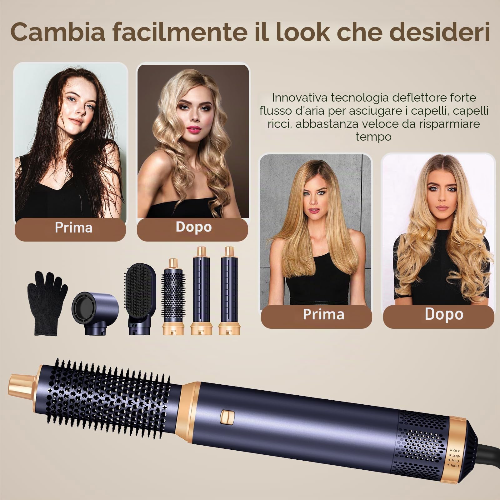 UKLISS Spazzola Asciugacapelli & Hair Styler 5 in 1, Airstyler con Arricciacapelli Automatico, Hair Dryer, Spazzola ad Aria Calda, Spazzola Lisciante Capelli per Ricci, Volumizzante, Lisciante - Blu