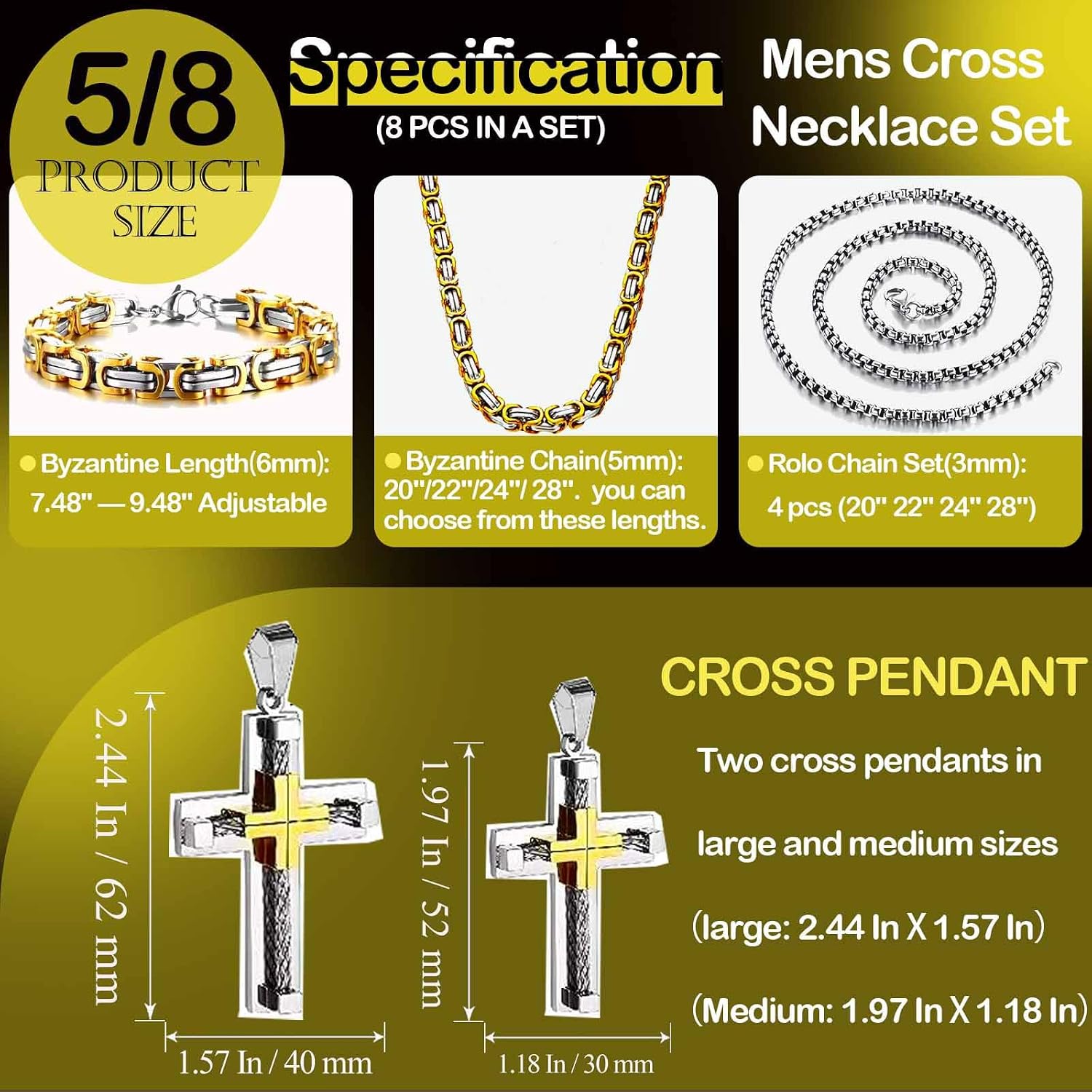 IYL Byzantine Cross Necklace Set for Men Large Cross Necklace for Men