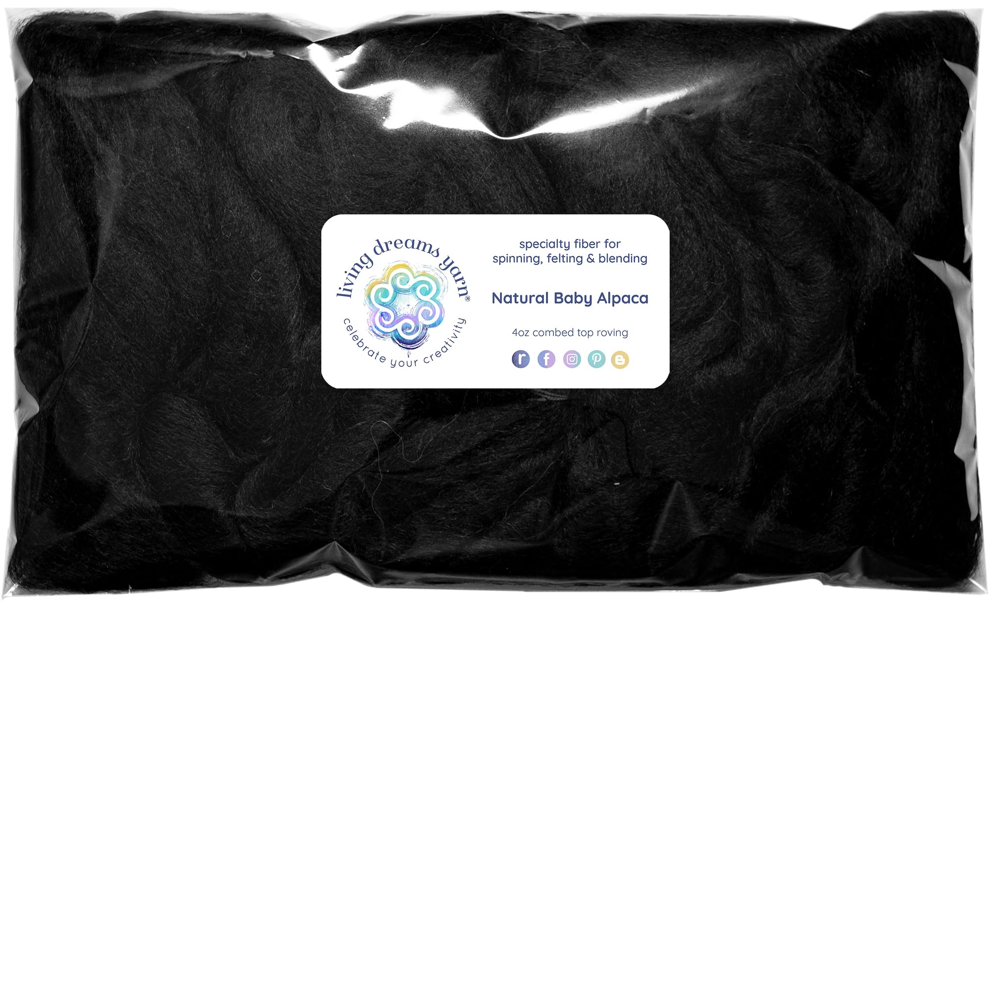 Baby Alpaca Fiber Natural Combed Top Roving. Black, 4 oz