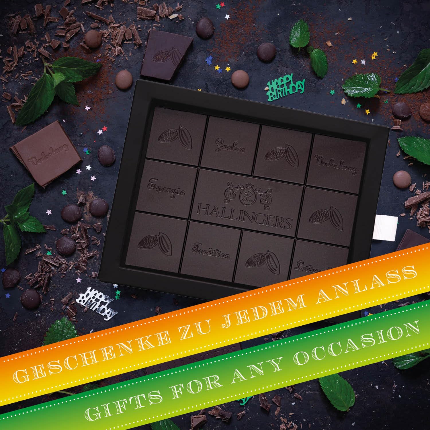 Hallingers Genuss Manufaktur Vegane Schokolade Geburtstagsgeschenk - Tafel handgeschöpfter Edelkakao ohne Alkohol edler Karton 10x "Happy Birthday ..." Minze, Geschenke für Frauen Männer