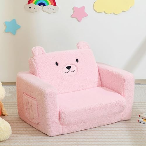 Miniatura 9 de ALIMORDEN Sofá plegable para niños pequeños, cómoda silla de oso sherpa 2 en 1 para niños, sofá convertible a tumbona, acogedor sofá esquinero para