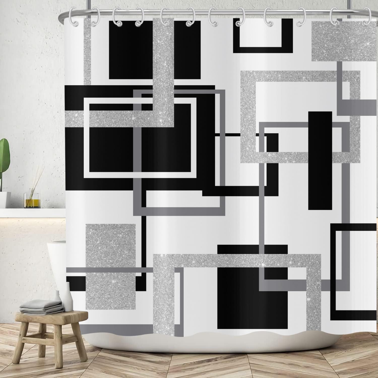ASDCXZ Geometry Shower Curtain 180x220 cm, Modern Black Grey Silver Irregular Geometry Pattern Bath Washable Shower Curtains Polyester Textile Waterproof Bath Curtain for Bathtub with 12 Hooks
