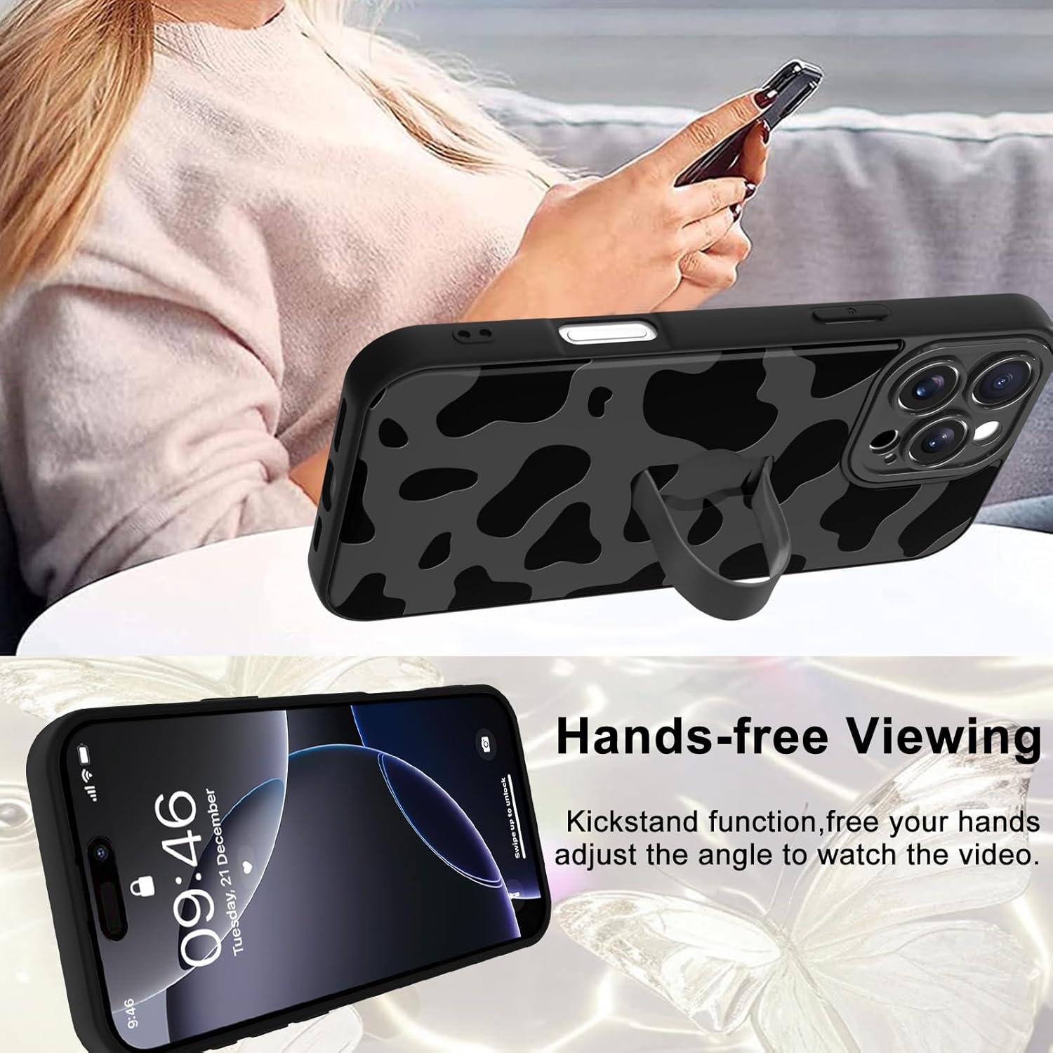 for iPhone 16 Pro Max Case with Finger Strap Holder, Cute Cool Cow Print Pattern Design for Women Men, Shockproof Anti Scratch Hand Kickstand Protective Cover, Gray