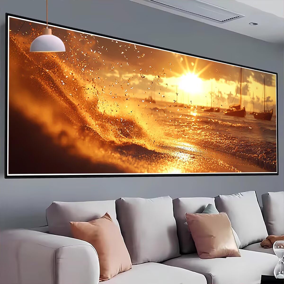 Malarstwo diamentowe Zachód słońca, 5D Crystal Art Plaża Diament Malarstwo diamentowe Duży rozmiar 250 x 100 cm, DIY diamentowe malowanie na Boże Narodzenie Dekoracja ścienna, Pomysły na prezent dla