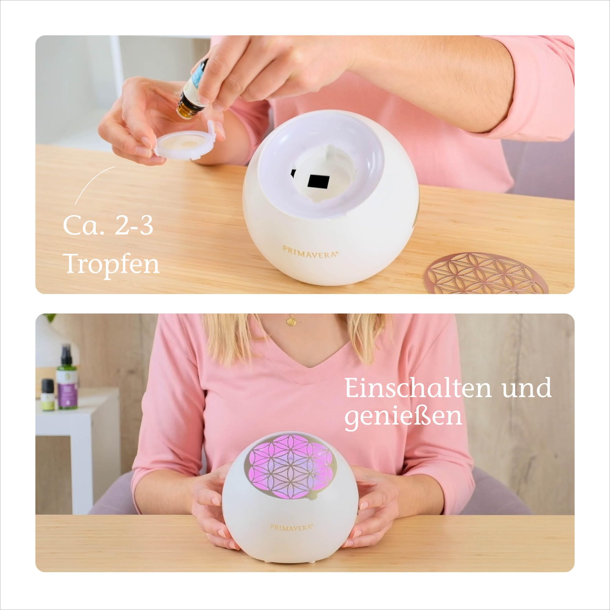 PRIMAVERA Aroma Ventilator Flower – farbenfroher Duftzauber für größere Räume – elektrische Duftlampe, Aromadiffuser, Raumduft – 3 Ventilationsstufen – Aromatherapie