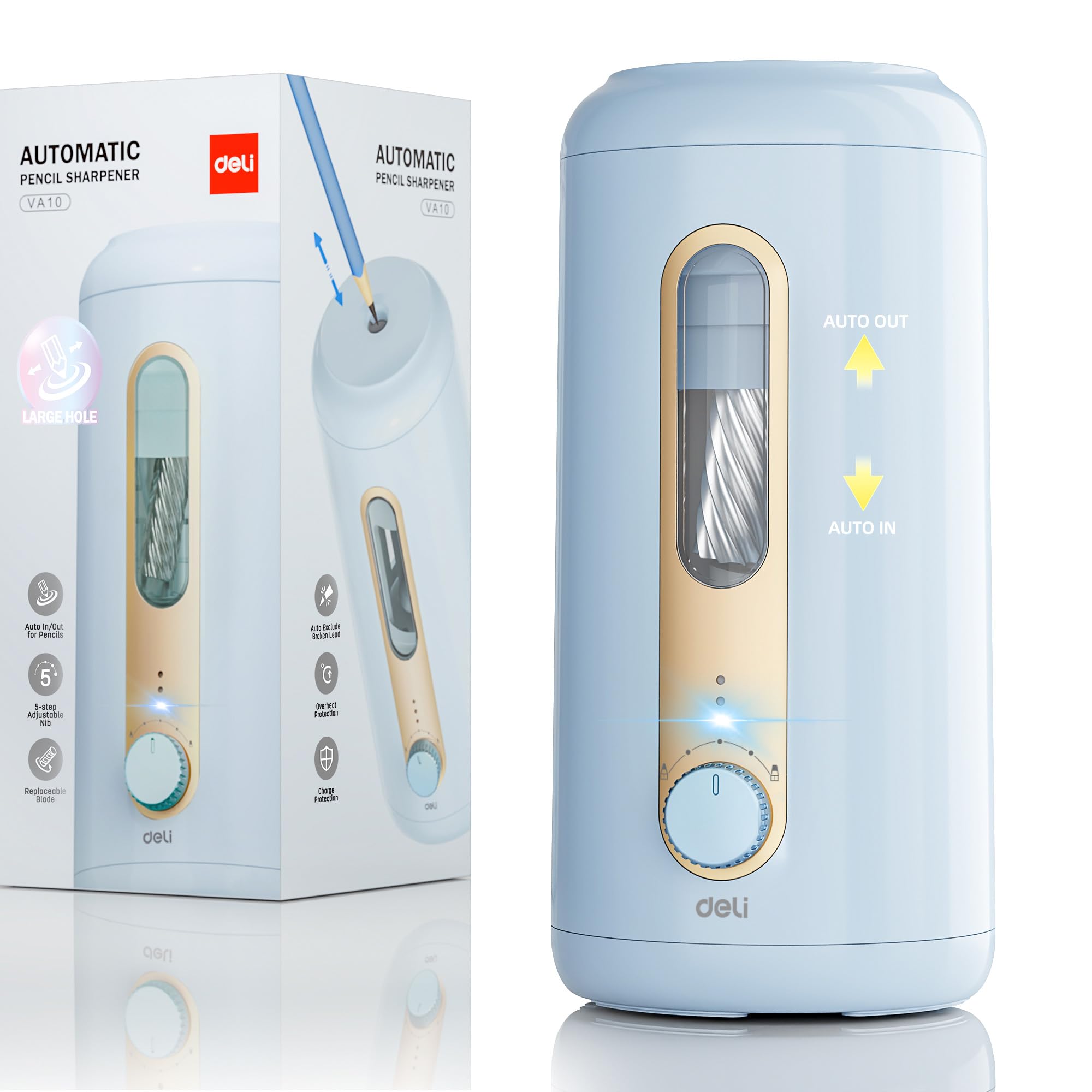 Deli Electric Pencil Sharpener, Fully Automatic Pencil Sharpener, Auto in & Out, Rechargeable Hands-Free Pencil Sharpener for 6.9-12mm, Home, Classroom, Battery Operated, Blue