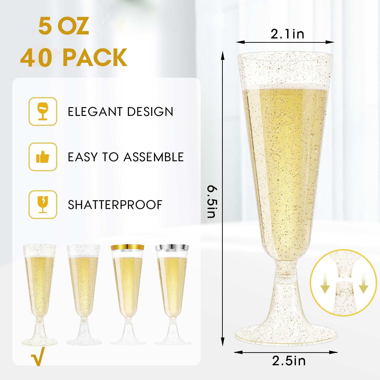 SUREHOME Copas de champán de plástico, paquete de 40 copas de champán con purpurina dorada, vasos desechables de mimosa de 5.5 onzas, vasos de acrílico transparente brillante para brindis de boda, a