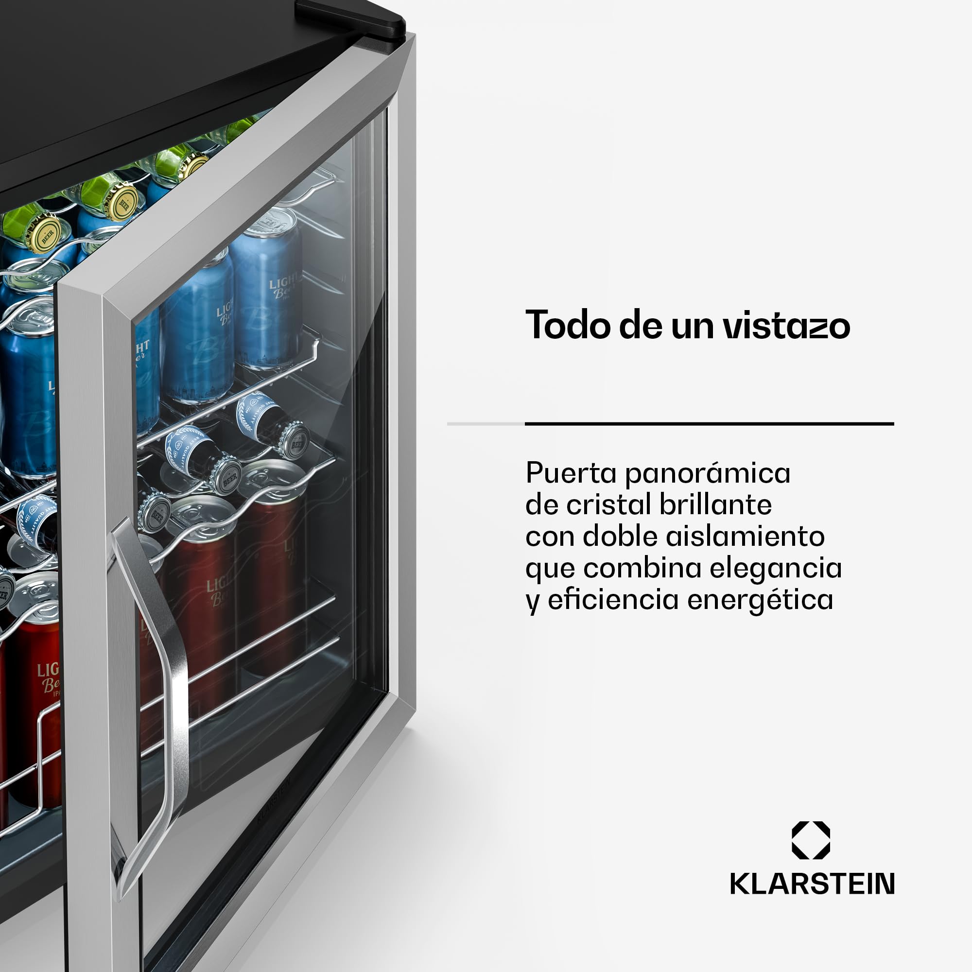 KLARSTEIN Beersafe 60 L Mini Nevera con Puerta de Cristal – Nevera para Bebidas, Plata | luz LED, estantes metálicos extraíbles, silenciosa, nevera para cerveza y bebidas, latas y botellas