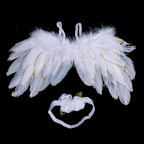 Miniatura 2 de June Bloomy Baby Angel - Juego de diadema con alas de plumas blancas y adornos dorados, accesorios para fotografía (ribete blanco y dorado)