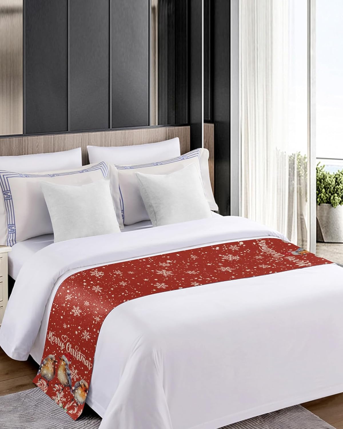 Teamery Bed Runner Scarf for Bed Foot Decor, Christmas Snowflake Bird Red Bed Flags Bed Scarves, Bedding Scarf Protector for Home Bedroom/Hotel/Wedding, 83"x20" for Queen Bed