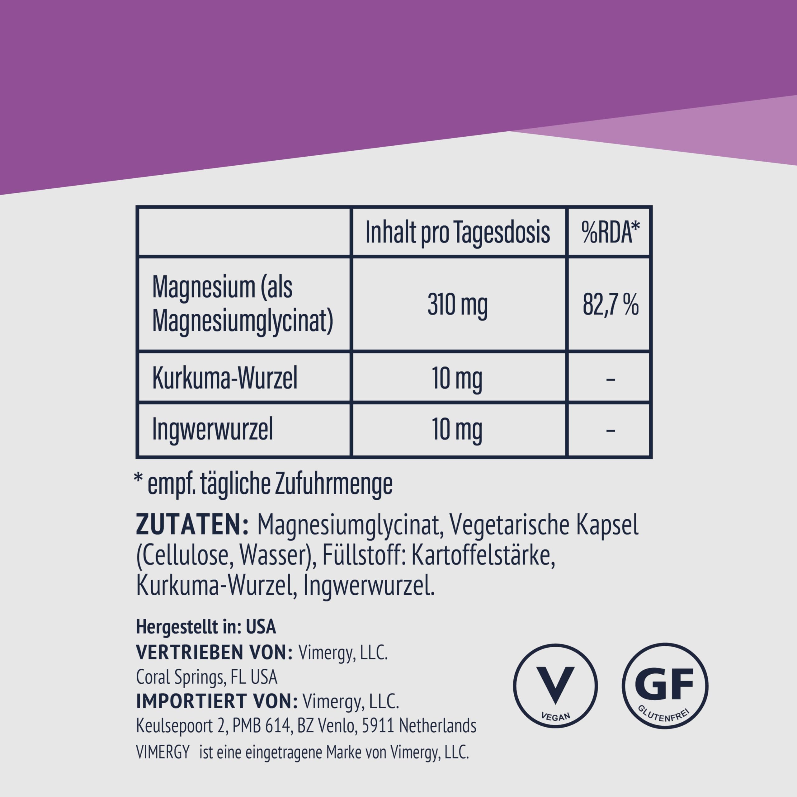 Vimergy Magnesium Glycinat Mineral Nahrungsergänzungsmittel – 300 Kapseln – Unbedenkliche Magnesium Hochdosiert Kapseln – Kurkuma & Ingwer – Glutenfrei, ohne Gentechnik – Für Keto-/Paleo Ernährung