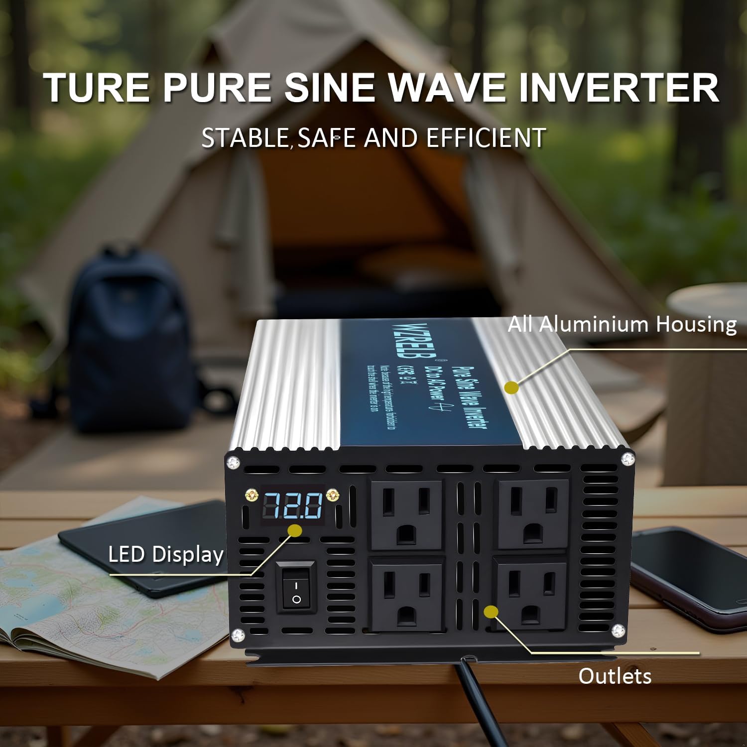 WZRELB 2000W Pure Sine Wave Inverter 72V DC to 110V 120V AC,Car Power Inverter with 4 AC Outlets, LED Display,Off-Grid Portable Power Converter for Home, RV, Truck, Camping
