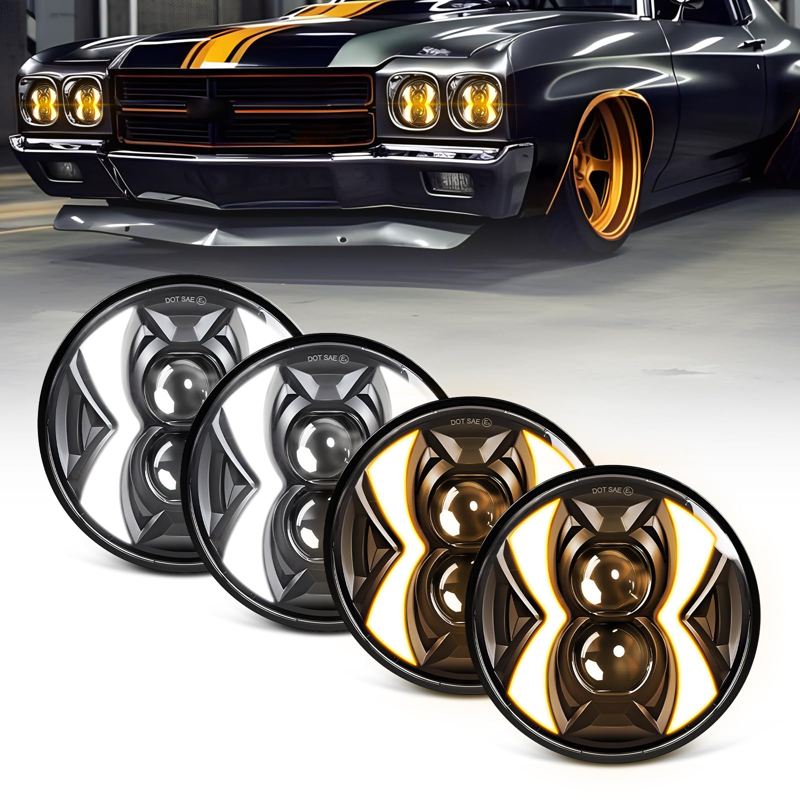 4PCS 5.75 inch LED Headlights, 5 3/4 500% Anti-Glare White and Yellow DRL 5.75