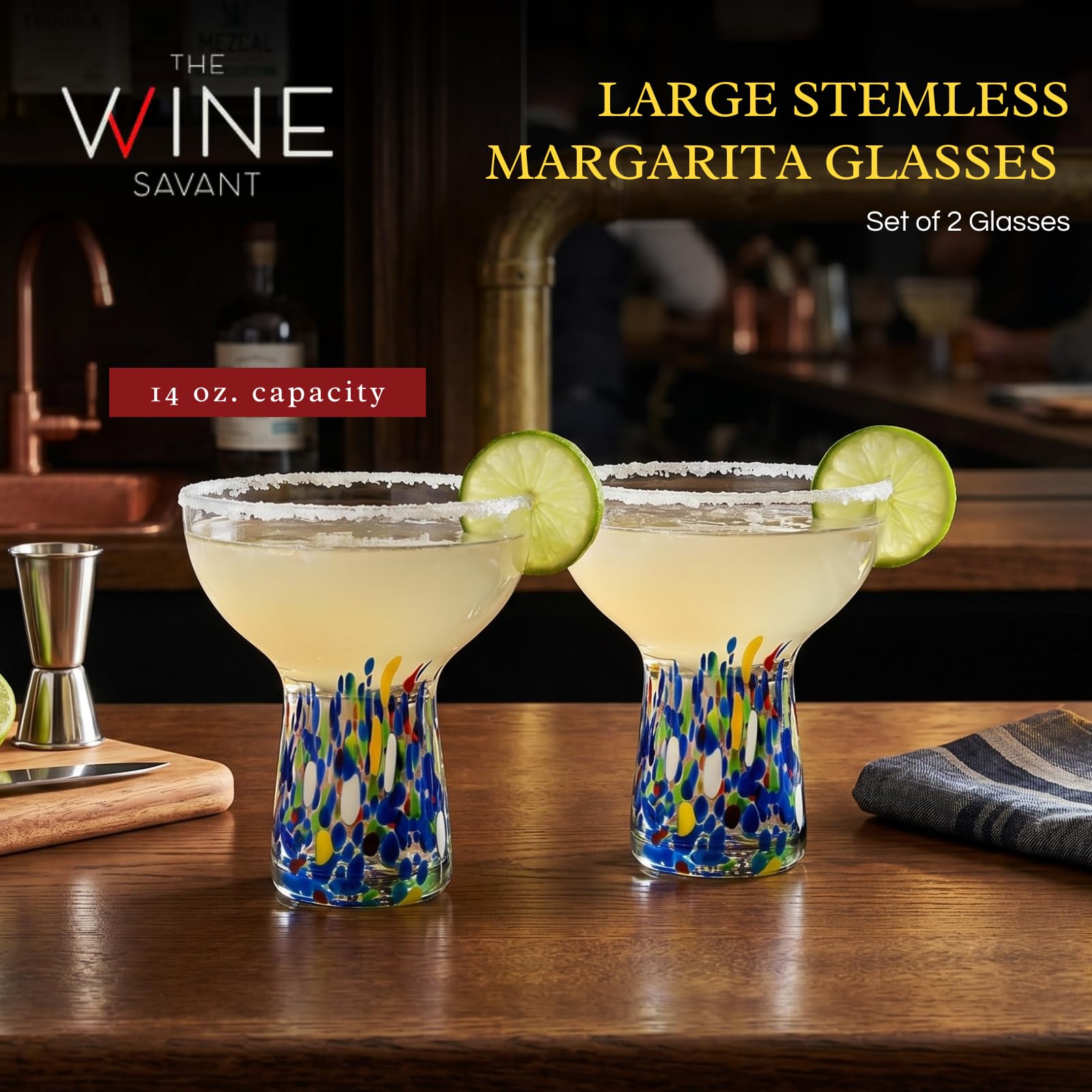 Large Stemless Margarita Glasses Set of 2-14oz Luxury Hand Blown Confetti Margaritas, Martini, Cocktails, Water, Wine, Dessert & Champagne Glasses Cinco de Mayo