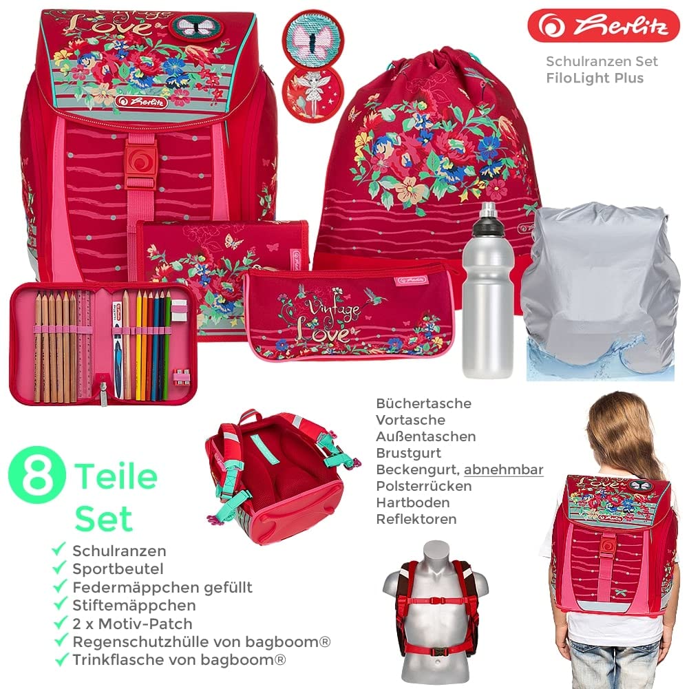 Herlitz Ranzen Schultasche für Jungen Mädchen FiloLigh Plus 8 Teile Set Grundschule Schulranzen Tornister leicht Bauchgurt Brustgurt Regenhülle Wahl +rf (Vintage Love 865)