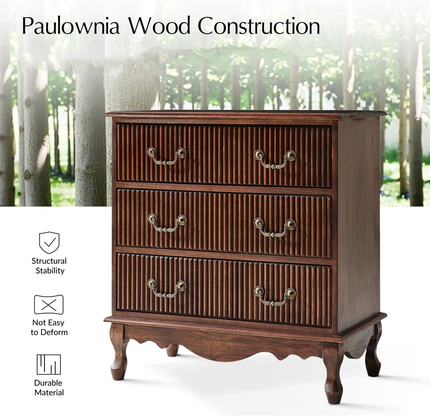 Image illustrating the Paulownia wood construction of the side table, highlighting its structural stability and durable material.