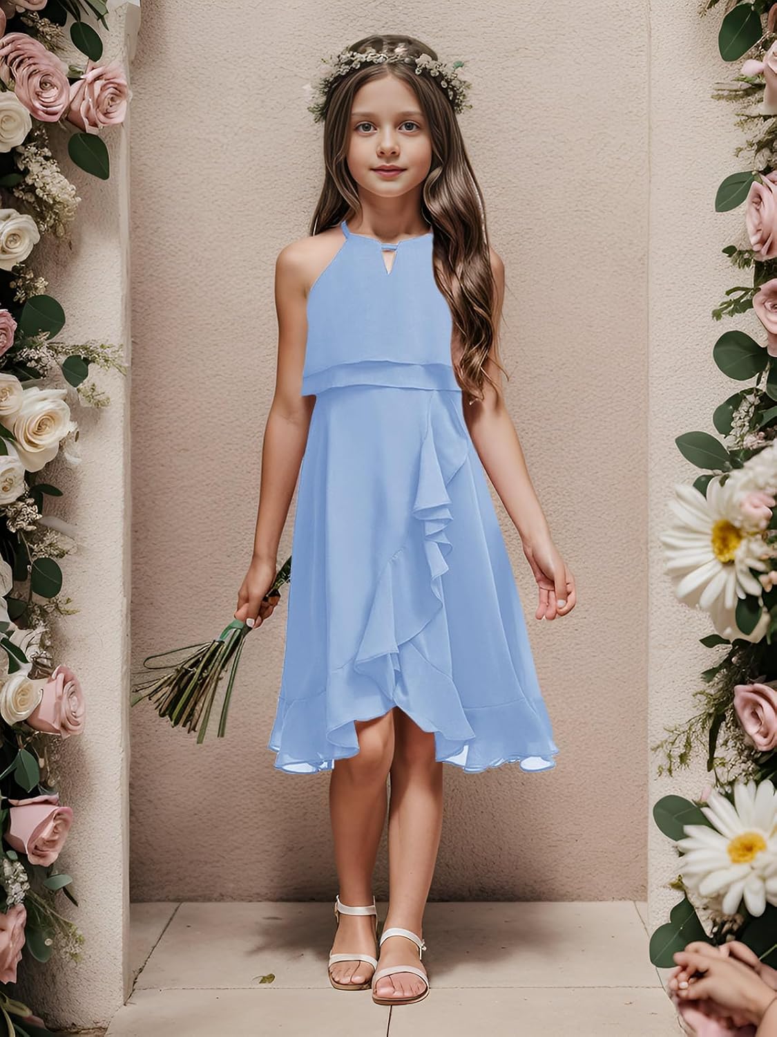 Kids A-Line Halter Neck Chiffon Junior Bridesmaid Dresses Fancy Girl Dress Wedding Elegant Party Gown 5-14 Years - Image 3