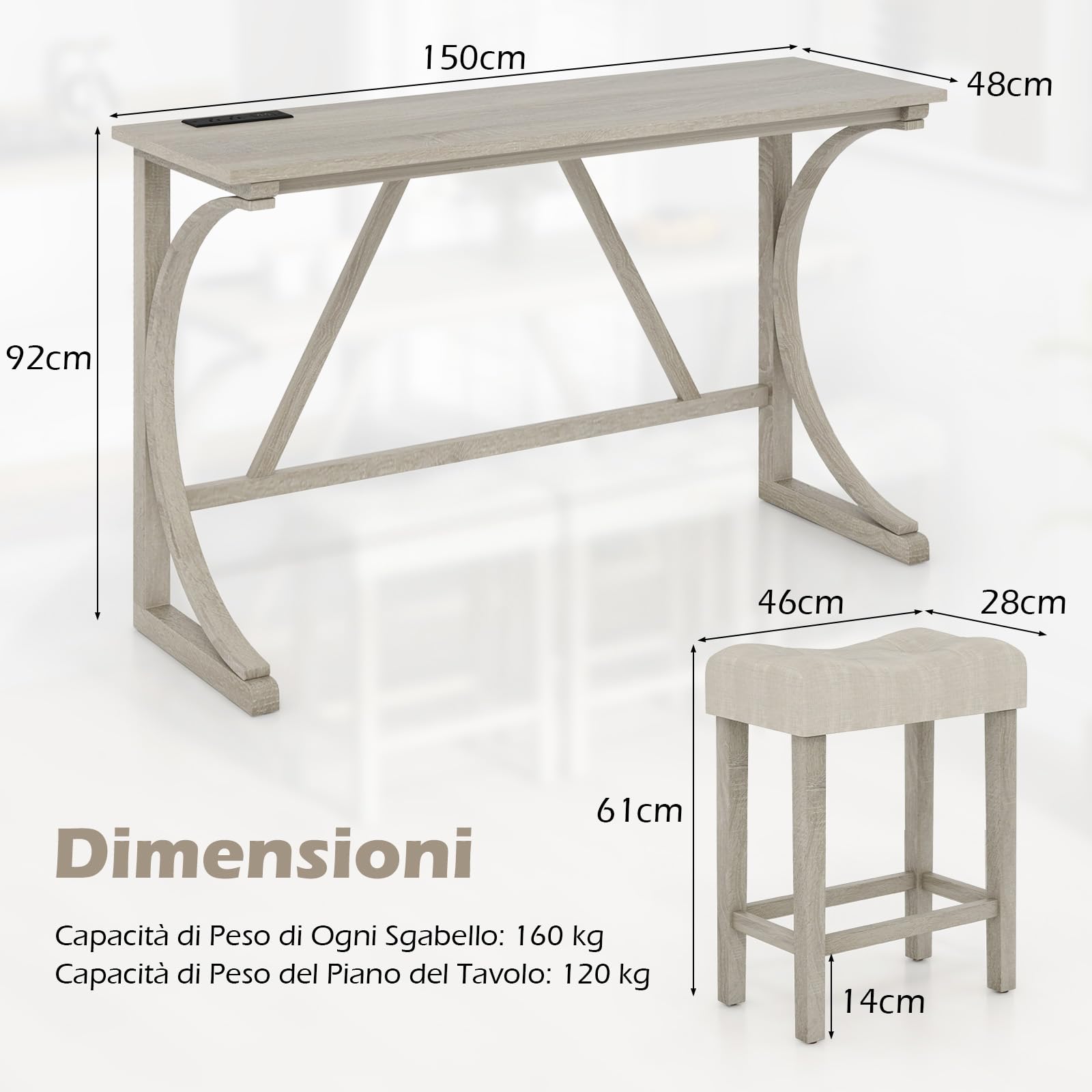 RELAX4LIFE Set di Tavolo e 3 Sgabelli da Bar, Tavolo da Pranzo in Legno di Gomma con Stazione di Ricarica Integrata, Stile Fattoria, Set di Tavolo da Pranzo, 150x48x92cm