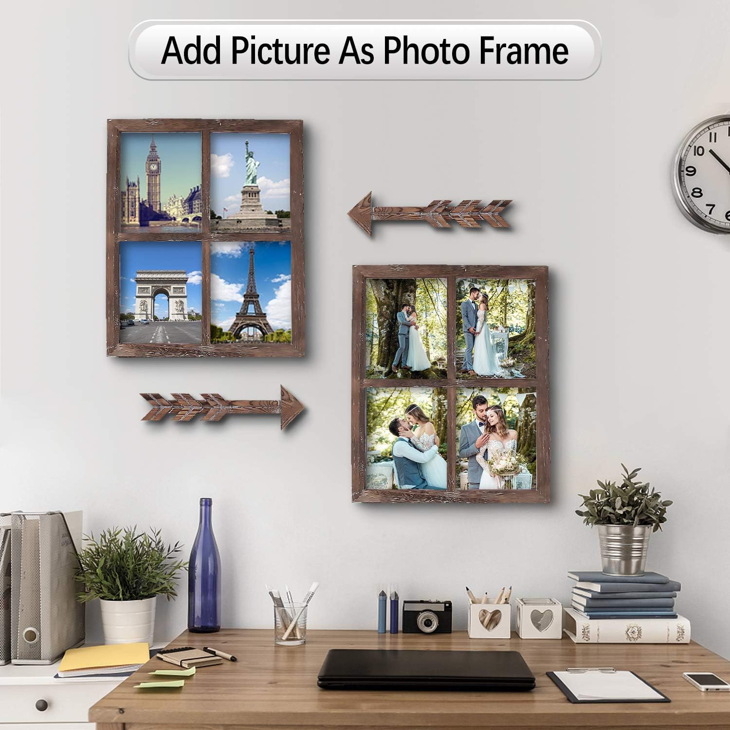 Honest Farmhouse Wall Décor Window Frame, Rustic Window Pane with Arrows Decor, Home Decor Window Barnwood Frames, Window Rustic Wall Art for Entryways, Living Room, Dining Room, Bedroom, 2 Set (L,Brown)
