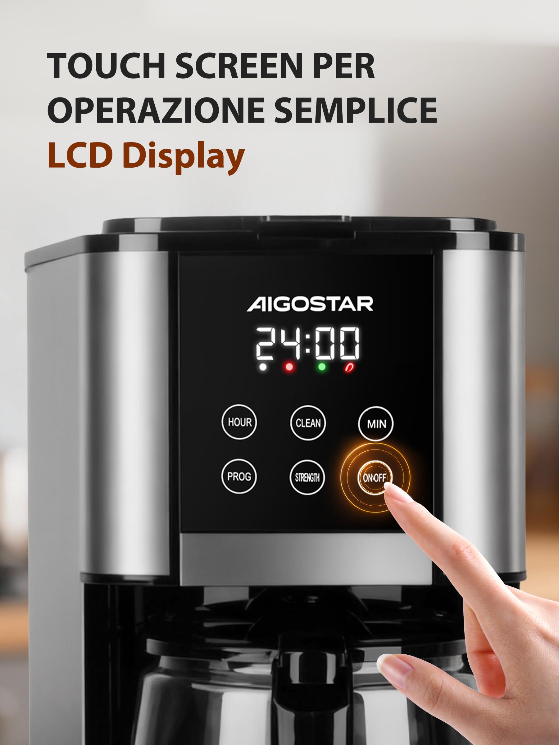 Aigostar - Macchina Caffè Americano, 1000W, Programmabile 24h con Display LCD, Autopulizia, 1.5L (12 Tazze), Regolazione Intensità, Filtro Riutilizzabile, Antigoccia, Piastra Riscaldante, BPA FREE