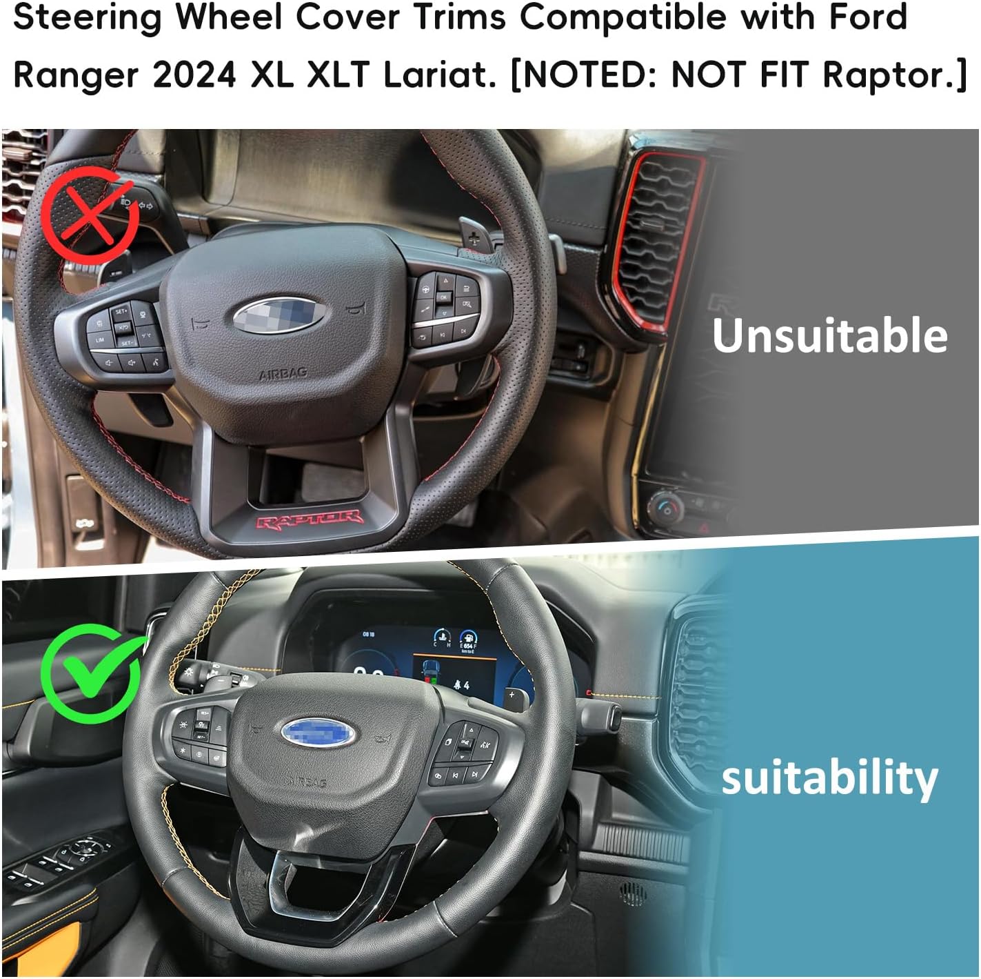 Auovo Steering Wheel Cover Trim Compatible with Ford Ranger Accessories 2024 2025 Carbon Fiber Steering Wheel Panel Frame Cover for 2024 Ranger XL XLT Lariat (Carbon Pattern)
