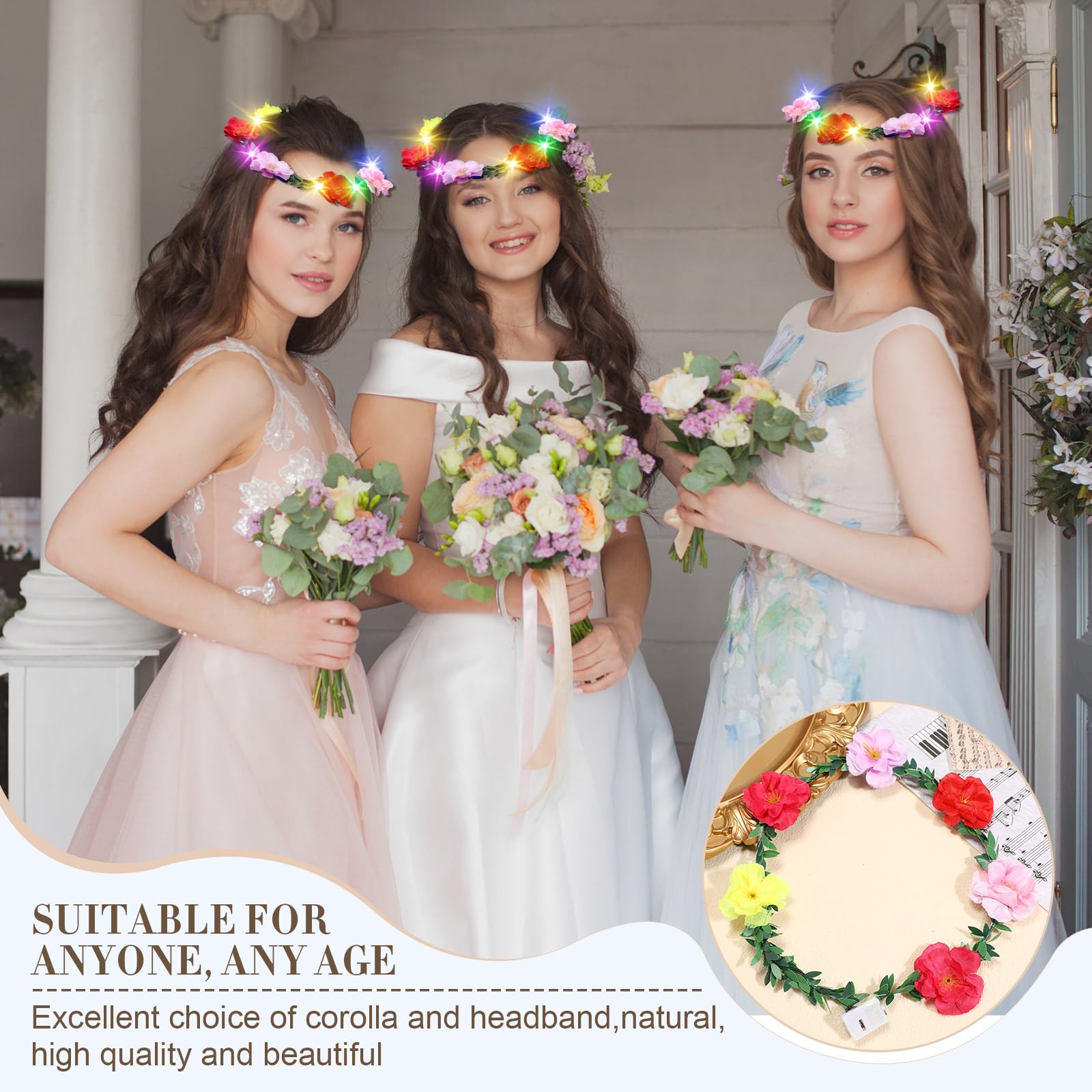 Lot de 50 couronnes de fleurs lumineuses à DEL pour cheveux - Multicolore - Pour femme et fille - Pour mariage, anniversaire, fête - Vacances (pivoine)