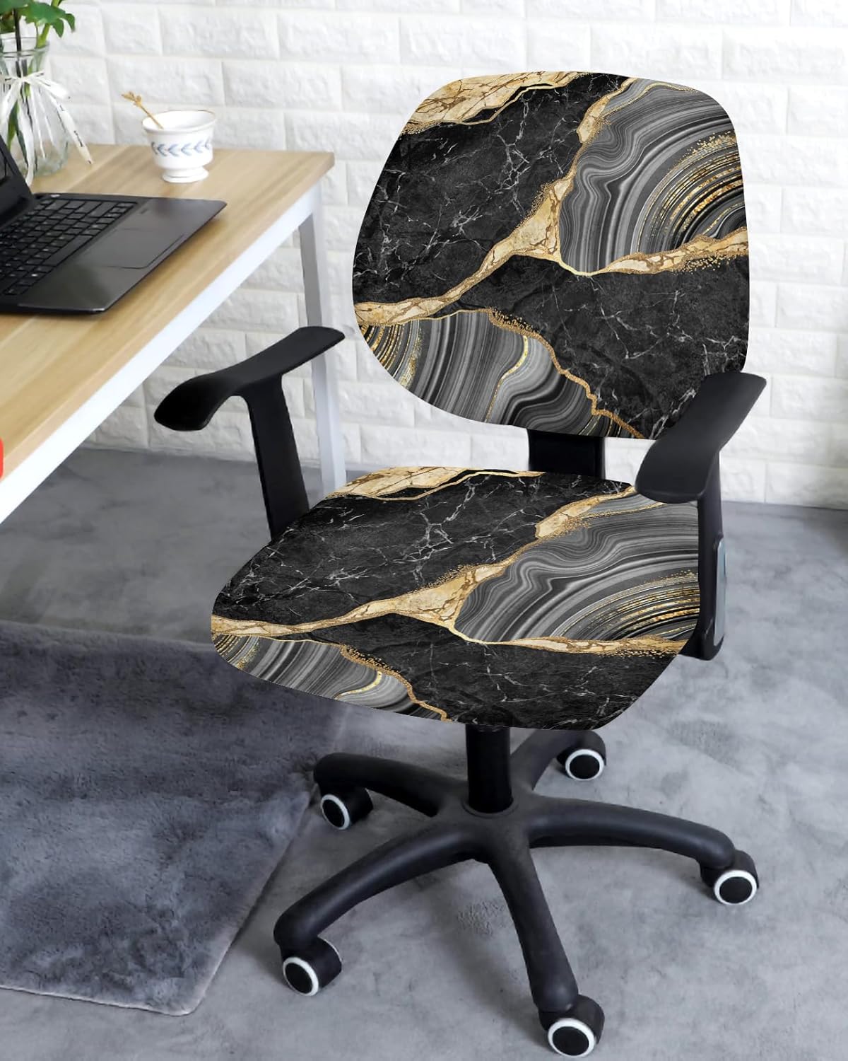 Abstract Marble 2 Pieces Computer Office Chair Covers Set, Stretchable Desk Rotating Chair Seat Cushion Slipcover Back Covers, Decorative Protectors Cover ContemporaryGeometric Black Grey Gold