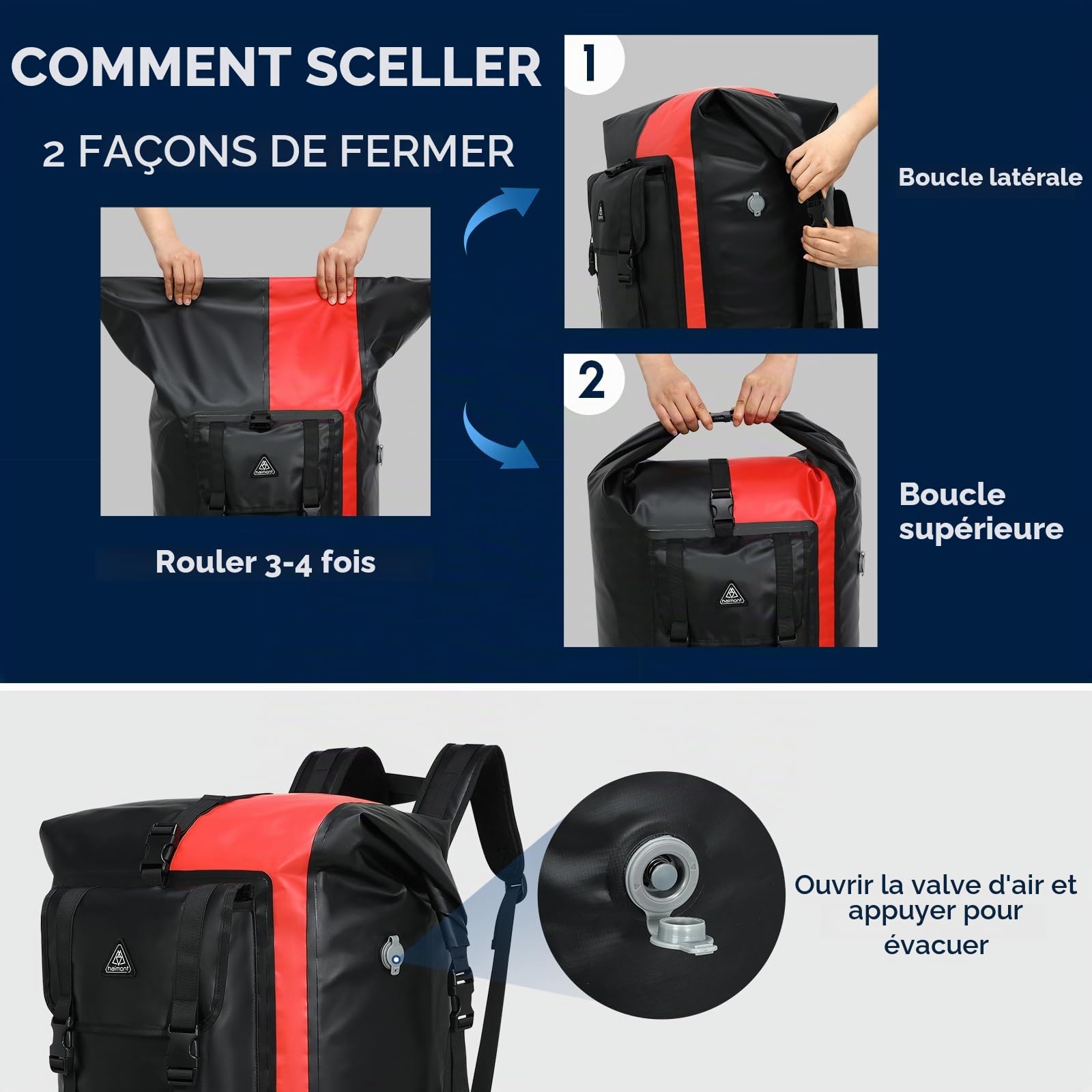Haimont Grand sac à dos étanche avec dessus enroulable IPX7 pour voyage, camping, randonnée, bateau, moto, kayak, 60 L/100 L