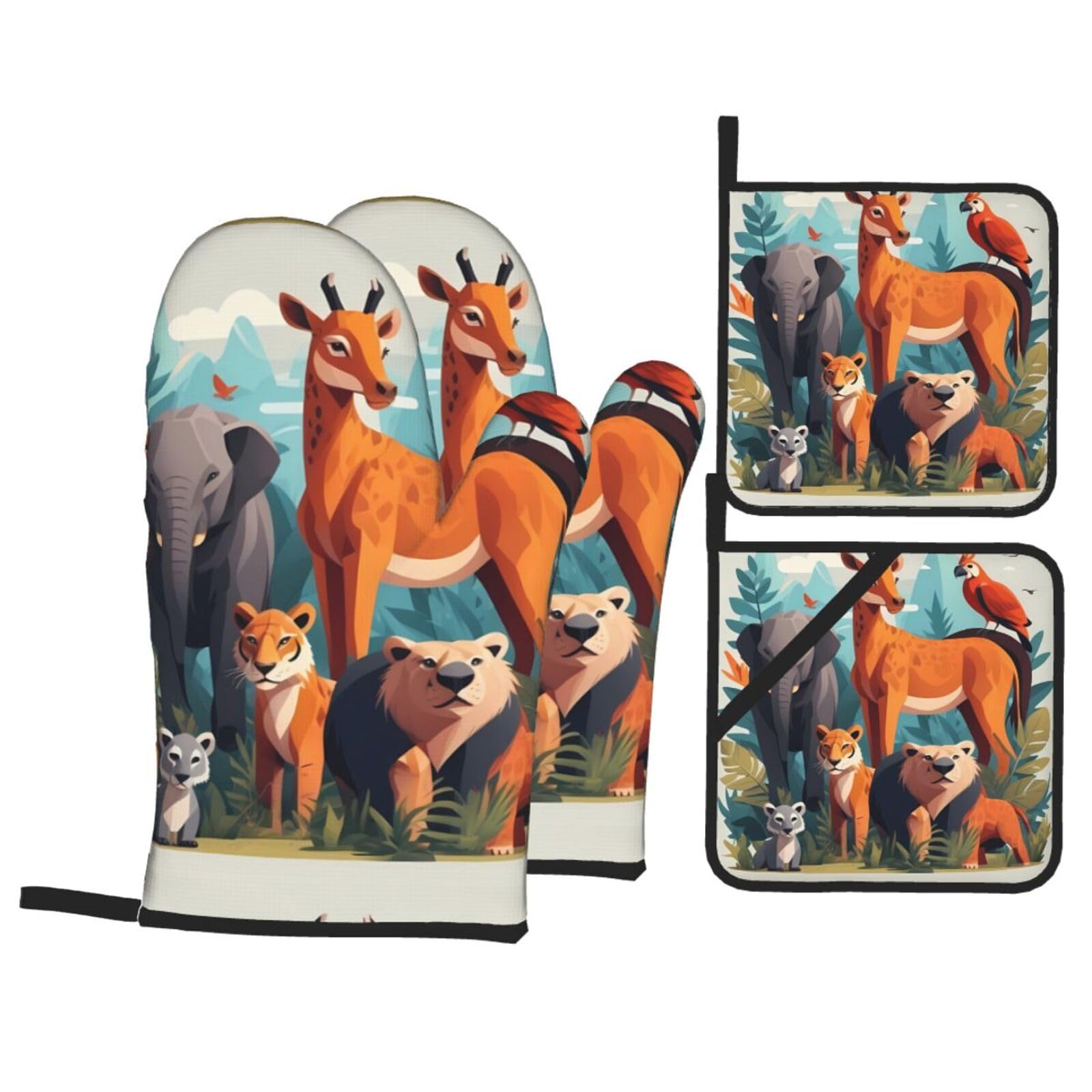 HJFCZH Wild Animals Picture Kitchen Baking Set of 4 Thick Insulated Oven Mitt & Pot Holders, Anti-Scalding for Microwave, Oven, Outdoor BBQ
