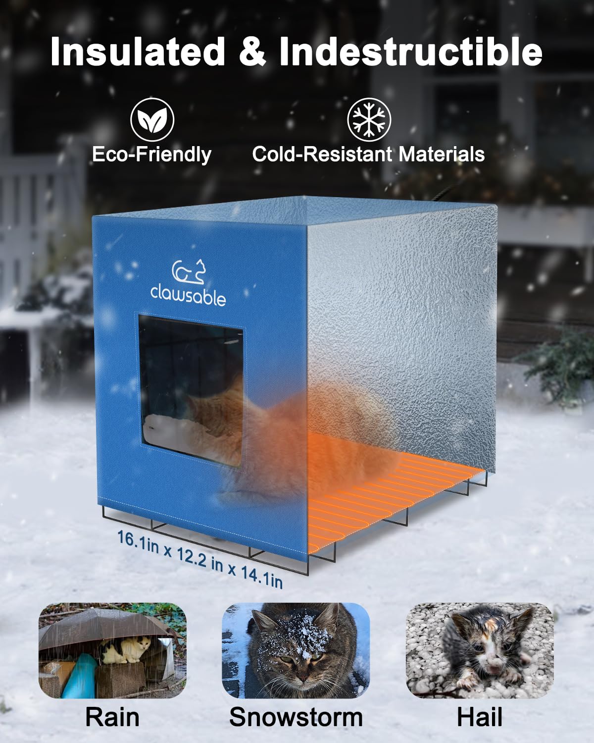 Clawsable Indestructible Heated Cat House for Outdoor Cats in Winter, Extremely Waterproof, Highly Insulated & Elevated Outdoor Feral Cat House Shelter for Stray Barn Cat (Heated, Small Cuboid)
