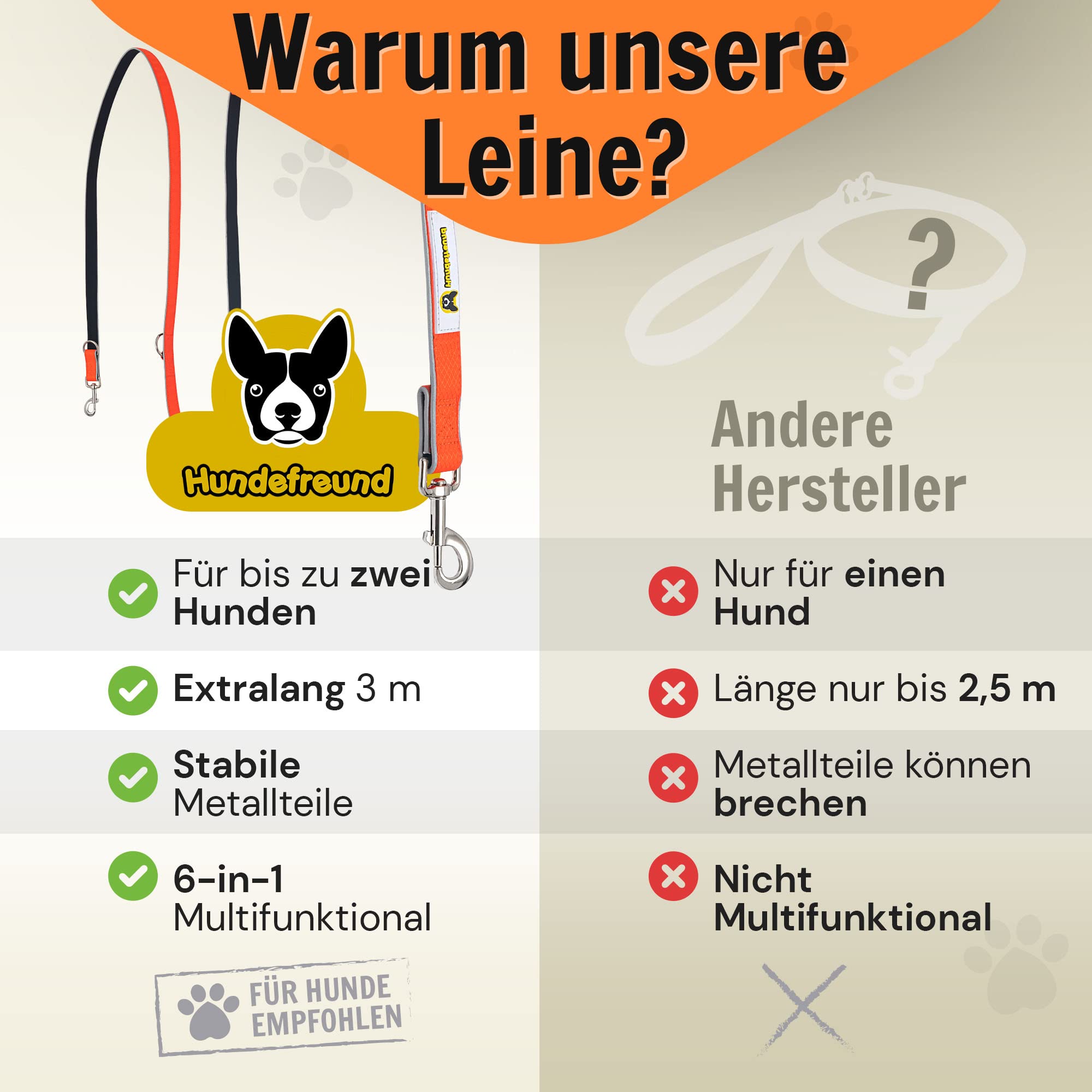 Hundefreund 6-in-1 Multifunktionsleine - Verstellbare Hundeleine 3m für mittlere und große Hunde mit 3 Ringen - Reflektierende Umhängeleine, Führleine und Schulterleine zum Umhängen in einem