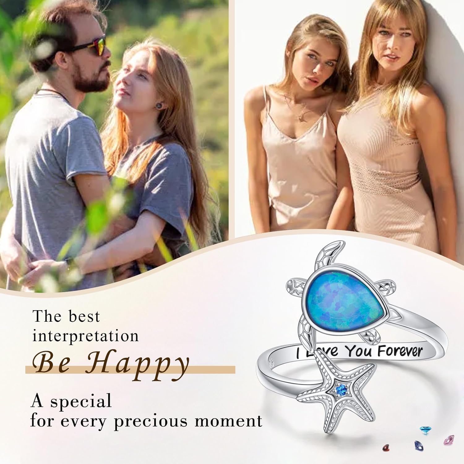 S925 Sterling Silver Sea Turtle Ring Adjustable Opal Turtle starfish ring I Love You Forever Nature Ocean Animal Jewelry for Women - Image 7
