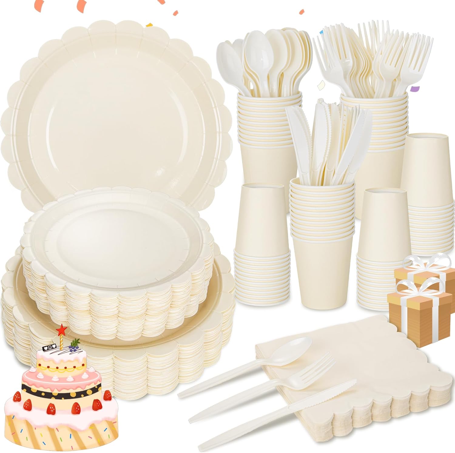 LIYH 350pcs Ivory Scalloped Paper Plates & Napkins Set for 50 Guests - Cream Disposable Party Supplies for Baby Shower, Birthday
