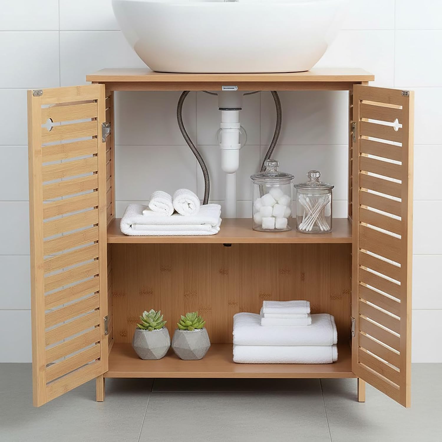 EVIDECO French Home Goods Natural Under Sink Cabinet with U-Shaped Cut-Out, Double Vented Doors, Towel Holder - Trinidad Collection
