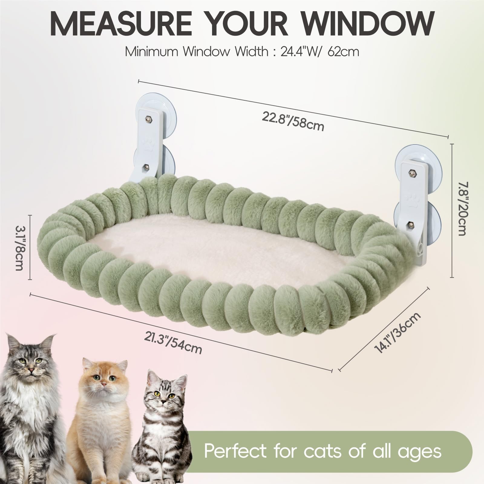 MEWOOFUN Amaca per gatti in peluche, pieghevole, con letto rimovibile e reversibile per gatti, morbido con telaio in acciaio ispessito, 4 potenti ventose robuste fino a 18kg (Verde, M)