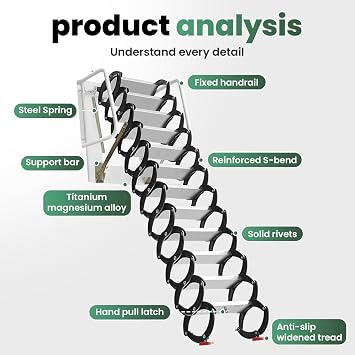 Attic Ladder, 12FT Pull Down System, Wall Mounted Folding Pull Down Attic, 880LBS Capacity Foldable Loft Stairs with Armrests Mounted Walls for Attics, Basements, Warehouse