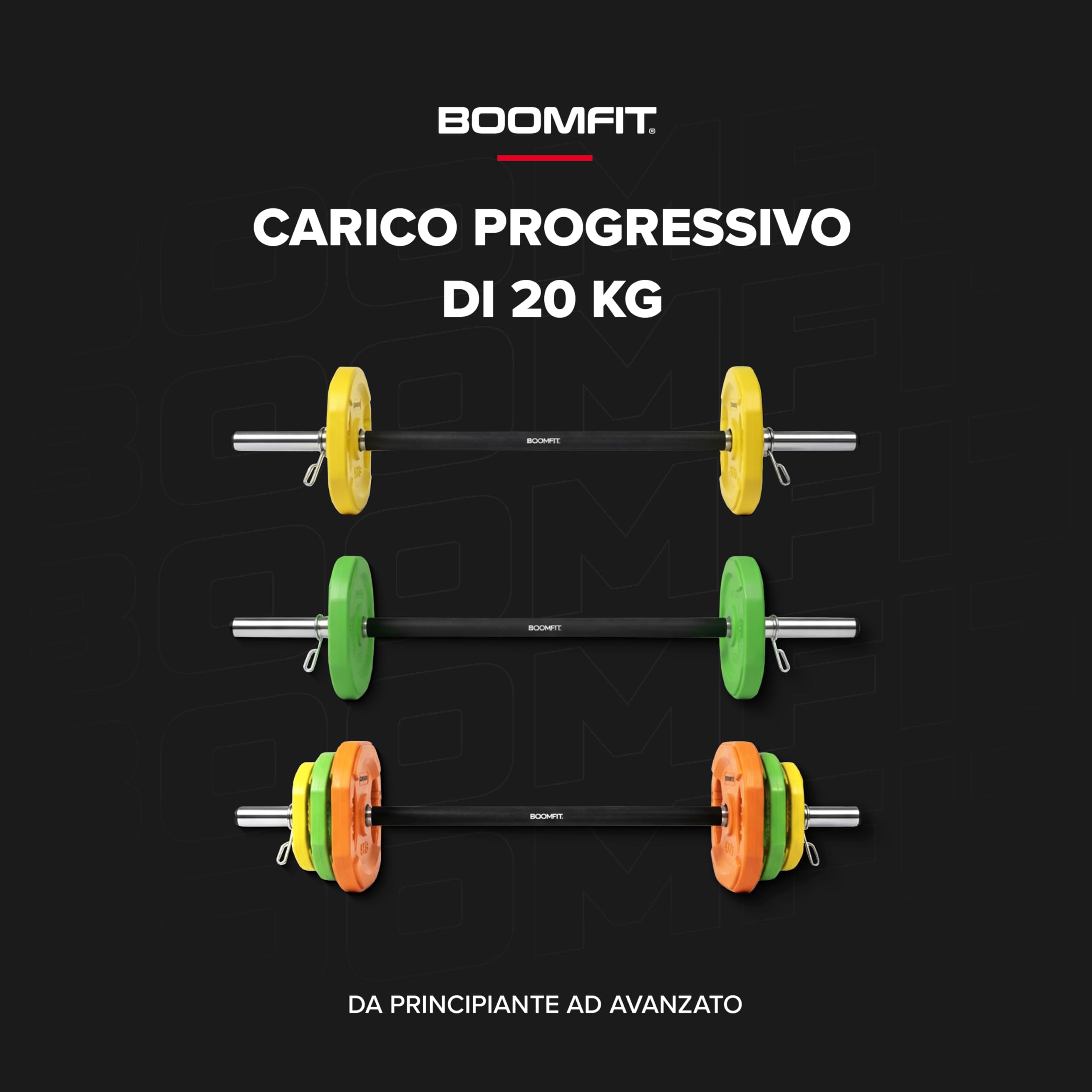 BOOMFIT Kit Set Pump Pro 20kg | Bilanciere Palestra Completo con Dischi | Per Lezioni Pump, Fitness di Gruppo e Cardio-Forza a Casa | Barra + Dischi 20kg Totali | Home Gym