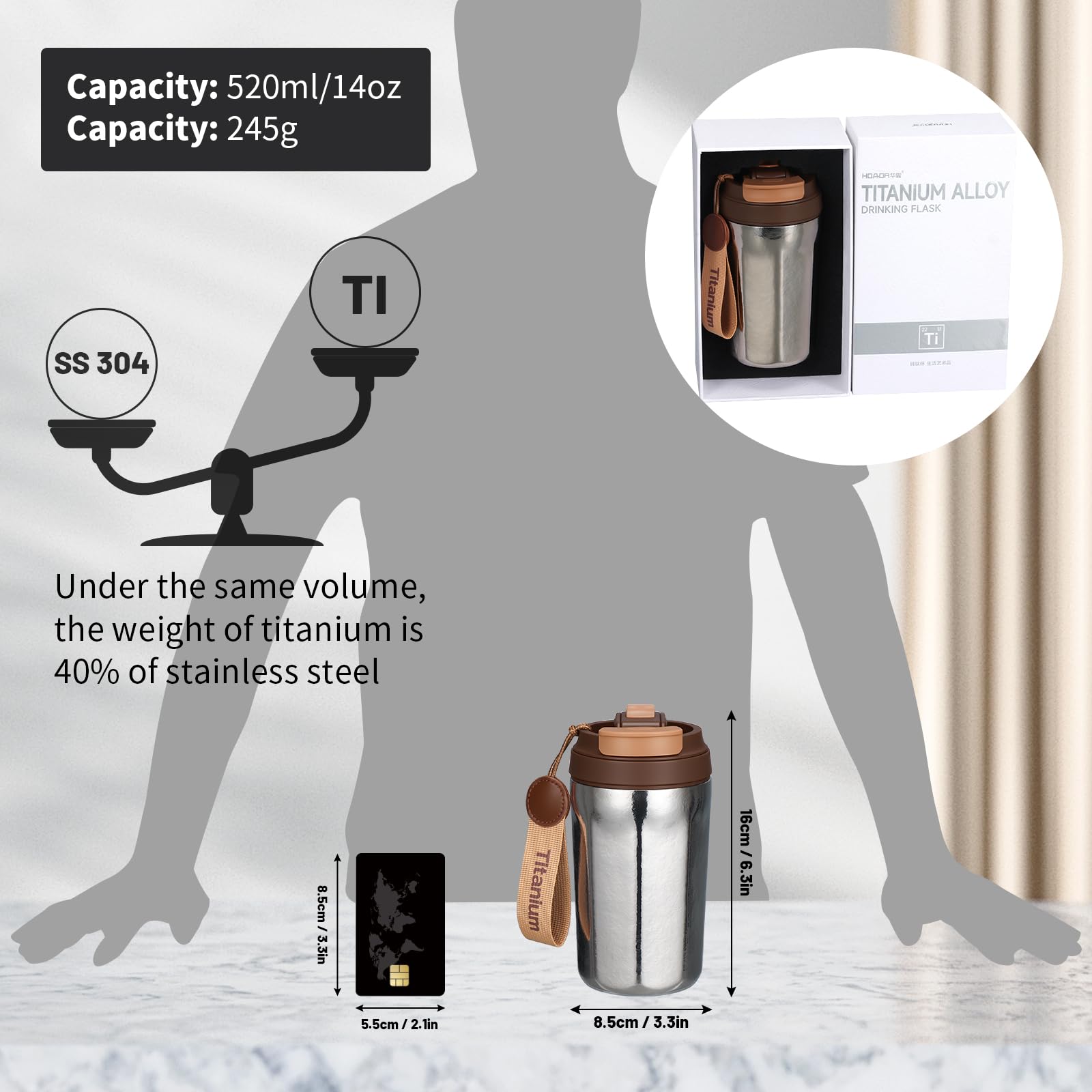 Tasse de voyage en titane de 414 ml