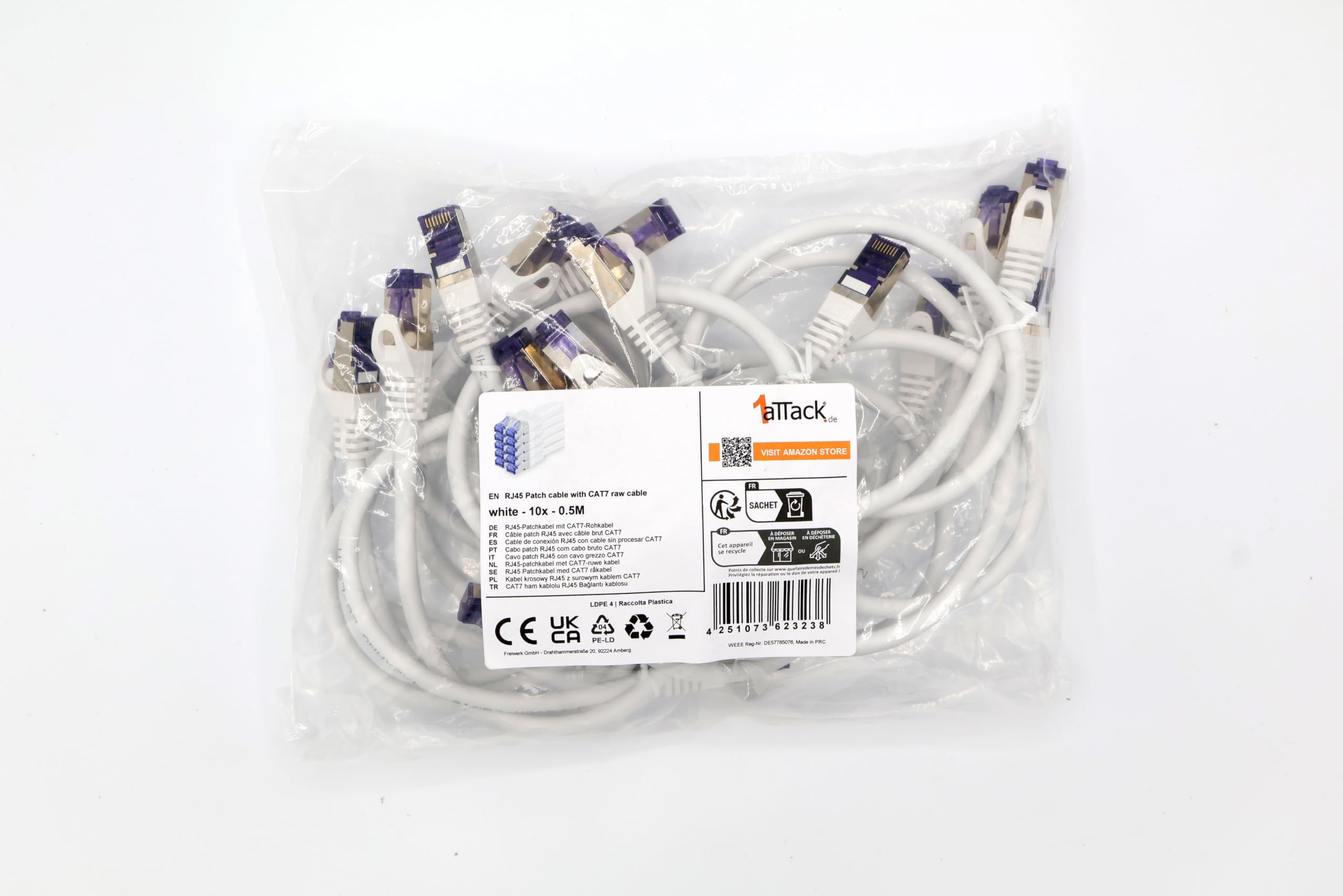 1aTTack.de Cat.7 Cavo di Rete 0,5m - Bianco - 10 Pezzi - Ethernet LAN Cat.7 SFTP PIMF LSZH Spina RJ45 Cat6a 10 Gbit s