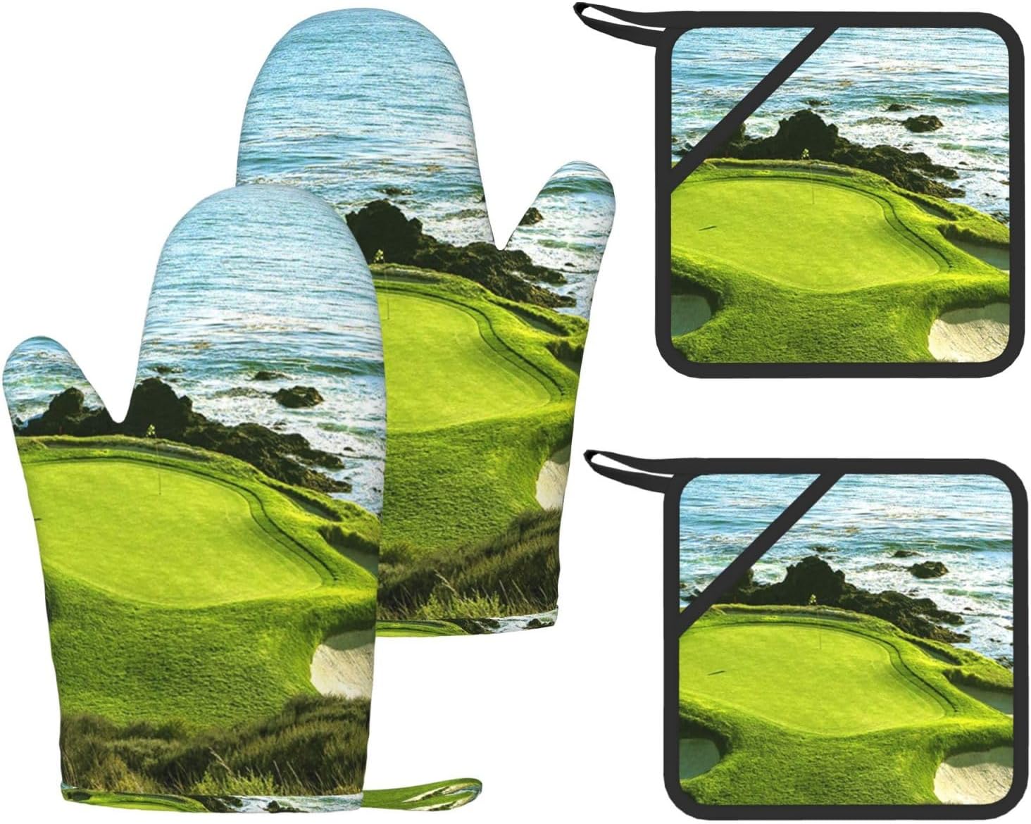 Beach Golf Course Oven Mitts and Pot Holders Set of 4 Heat Resistant Kitchen Gloves with Silicone Palm Hot Pads for Baking Cooking Grilling BBQ