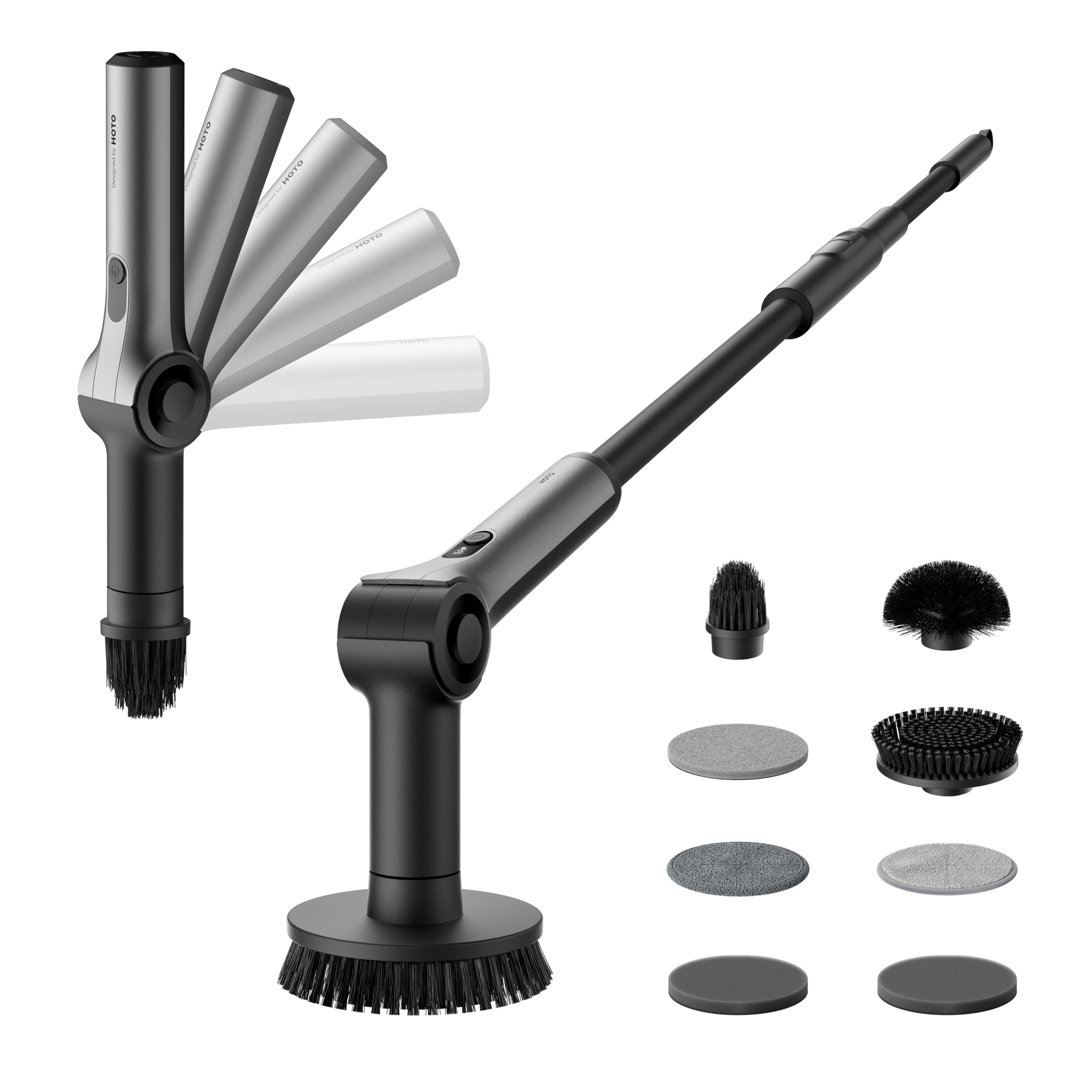 HOTO Flexi™ Spazzola Elettrica Rotante per Pulizia Casa, Angolo Regolabile, Maniglia Estendibile, Display Intelligente, Impermeabile IPX7, 8 Testine Sostituibili, per Bagno Piastrelle Vasca da Bagno